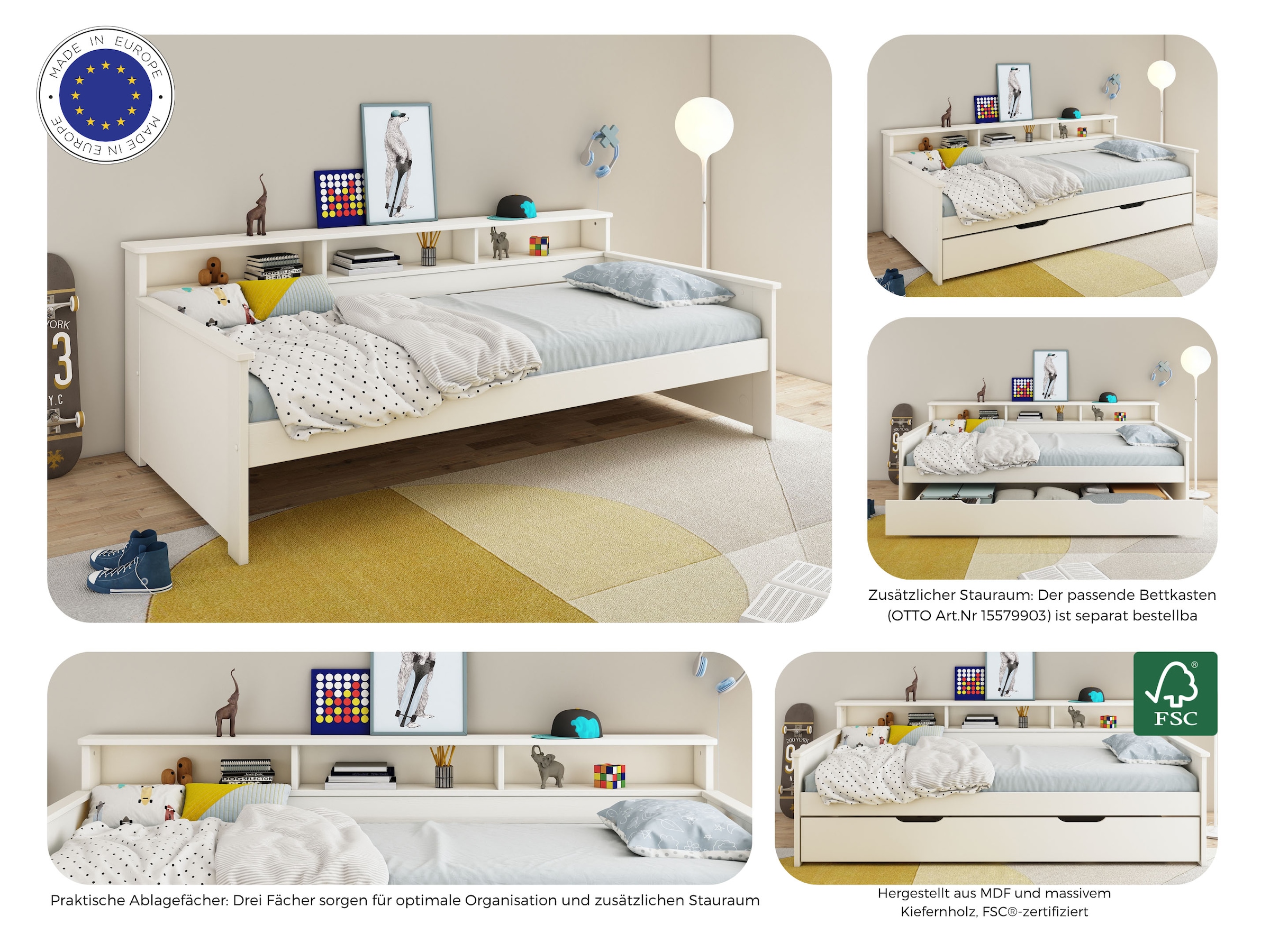 Home affaire Jugendbett »KERO, Daybed, Stauraumbett, platzsparend, Stauraum, 90x200cm«, zertifiziertes Massivholz, mit Ablagefächern, Schublade optional