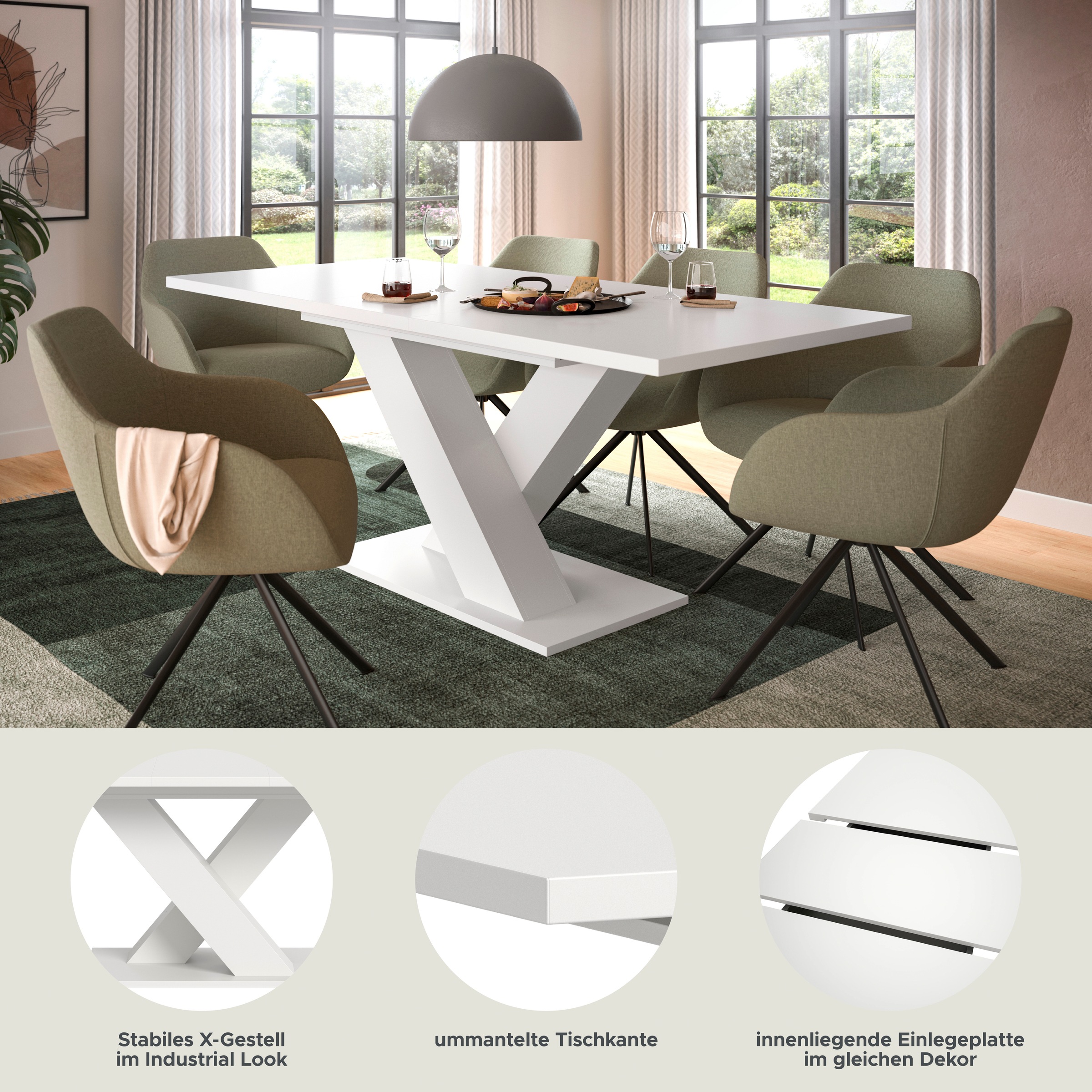INOSIGN Esstisch »Motus, ausziehbar 150 -190 cm, inklusive 40 cm Einlegeplatte«, (Set, 1 St.), X-Gestell mit Bodenplatte, Tisch, Küchentisch, Esszimmer, Küche