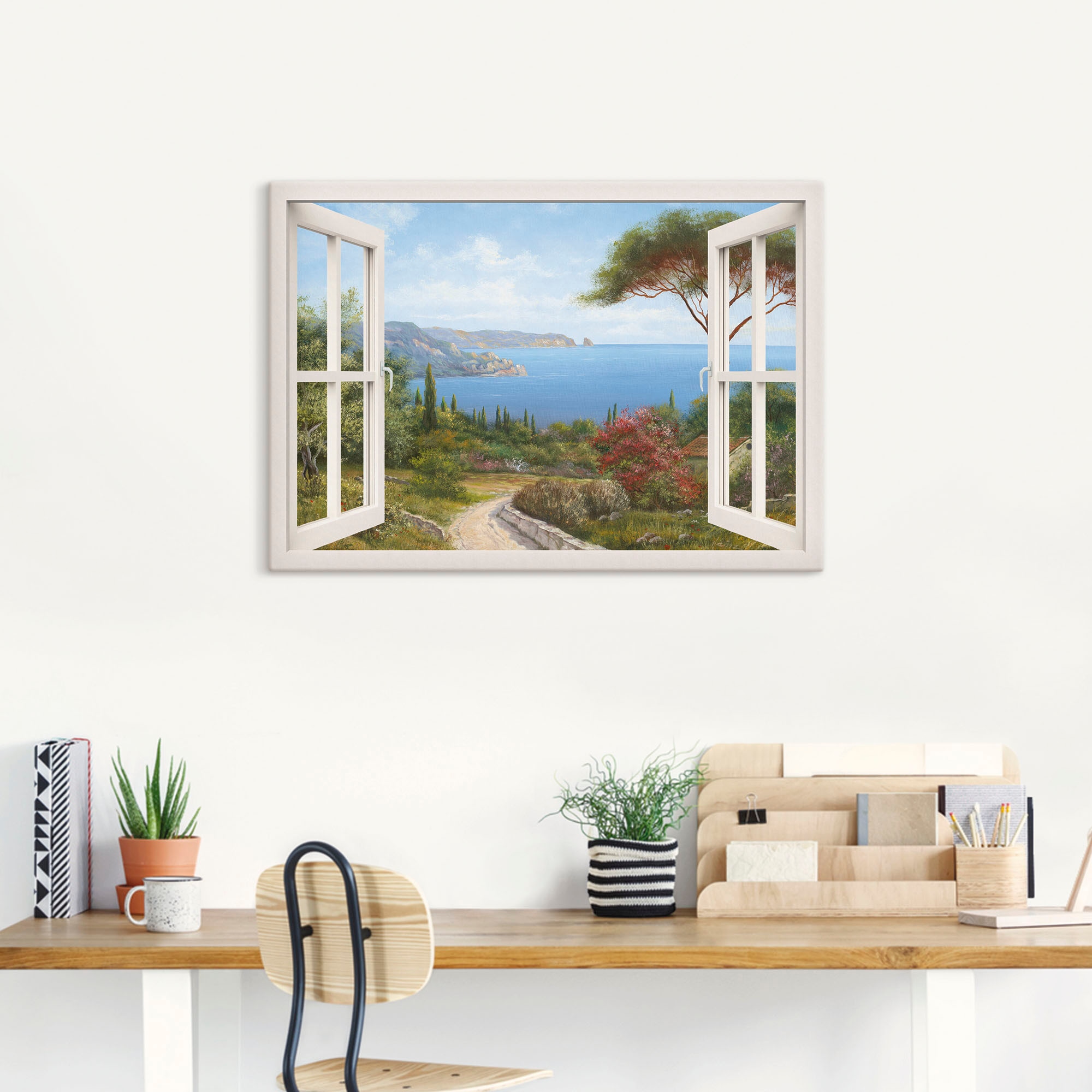 Artland Wandbild »Fensterblick - Haus am Meer I«, Fensterblick, (1 St.), als Leinwandbild, Poster, Wandaufkleber in verschied. Größen