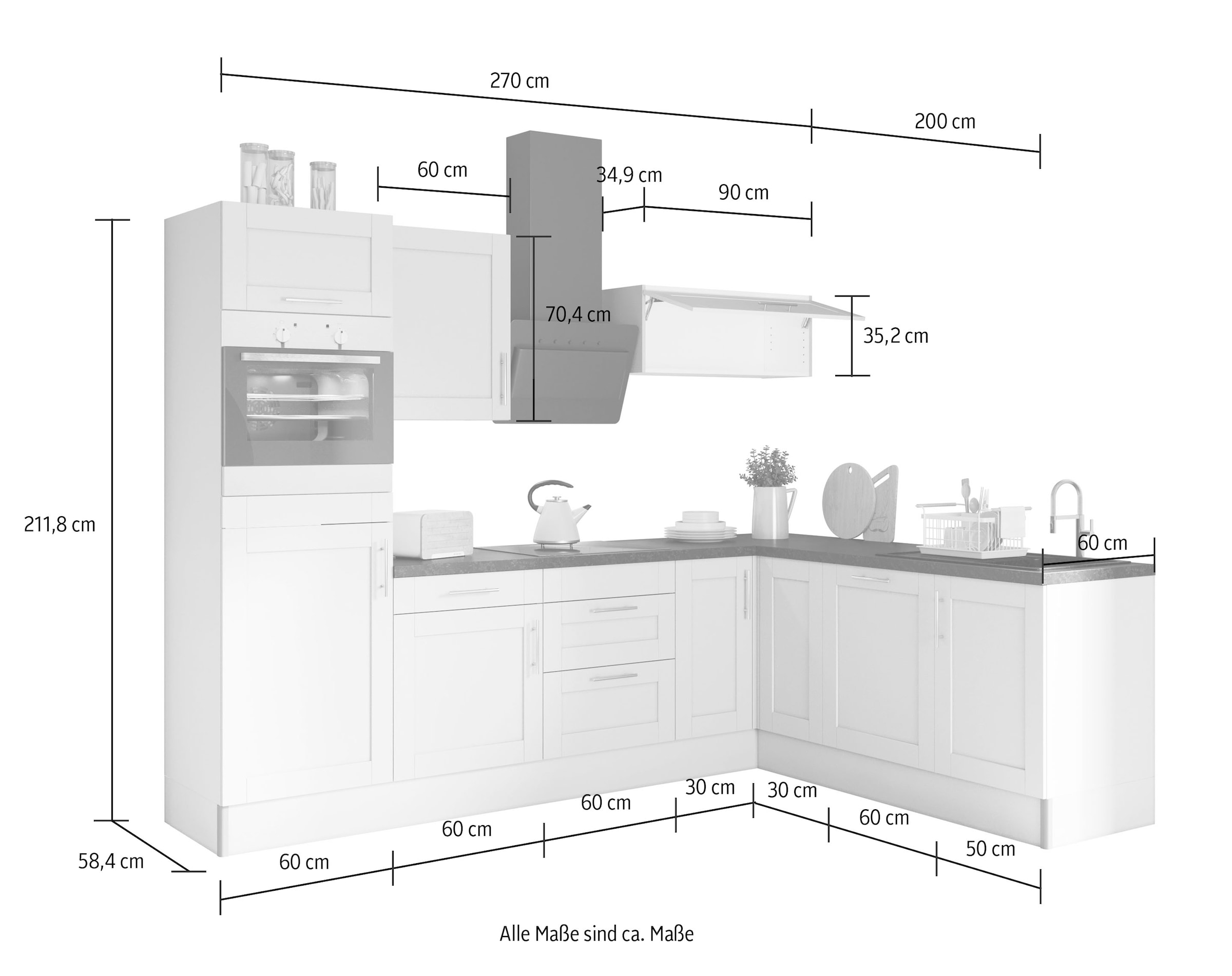 OPTIFIT Küche »Ahus«, 200 x 270 cm breit, wahlweise mit E-Geräten, Soft Close Funktion