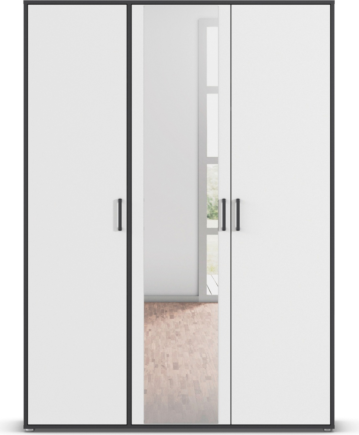 rauch Drehtürenschrank »Kleiderschrank Schrank Garderobe Wäscheschrank VOYAGER«, (in 3 verschiedenen Ausstattungen BASIC/CLASSIC/PREMIUM), mit modernen Griffen in Graumetallic und Spiegel