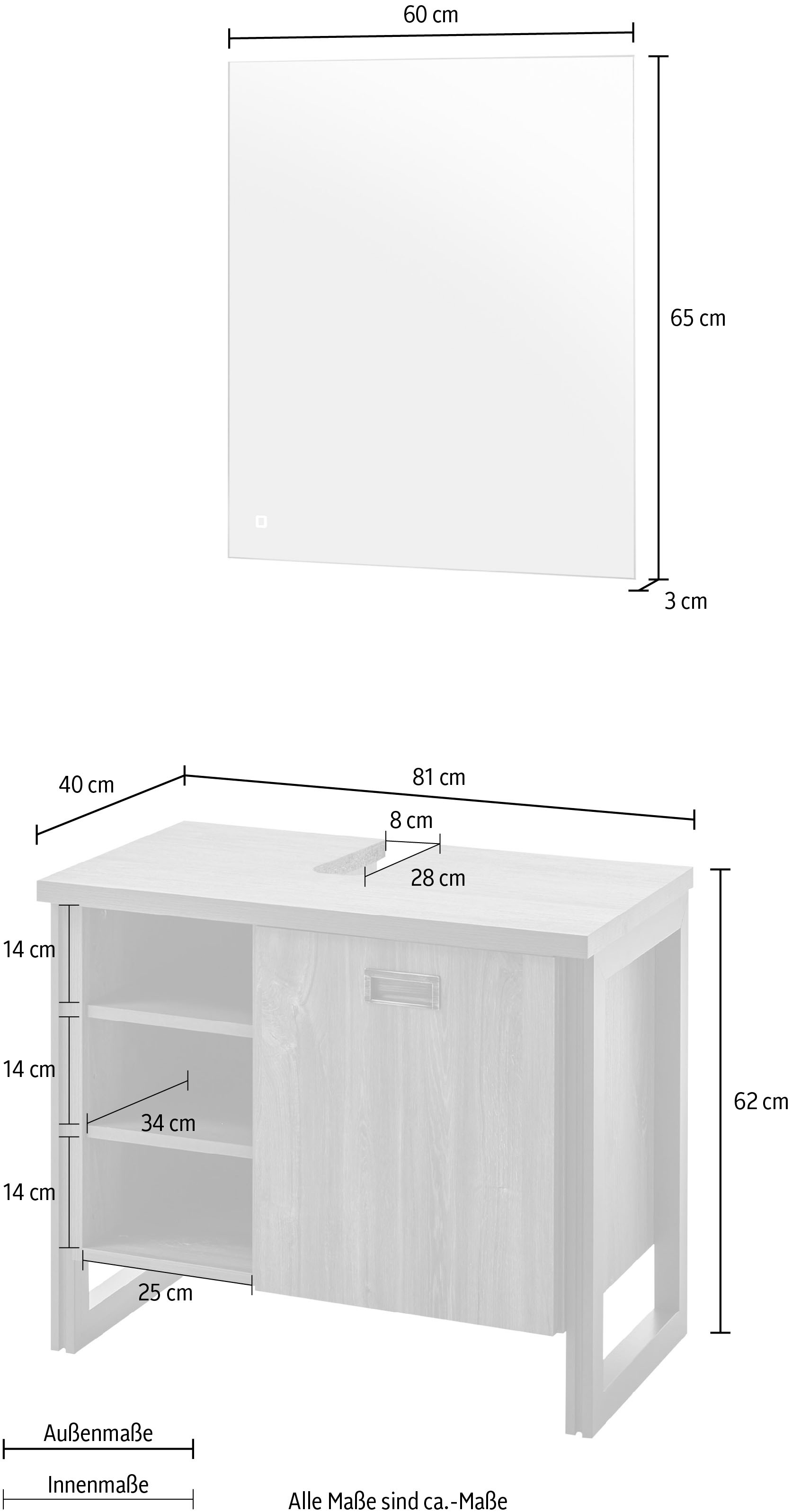 Home affaire Badmöbel-Set »Detroit, Bad im Industrialdesign, inkl. LED, 2-teiliges Badezimmer«, (2 St.), Waschbeckenunterschrank und Spiegel, holzfarben, mit offenen Fächern