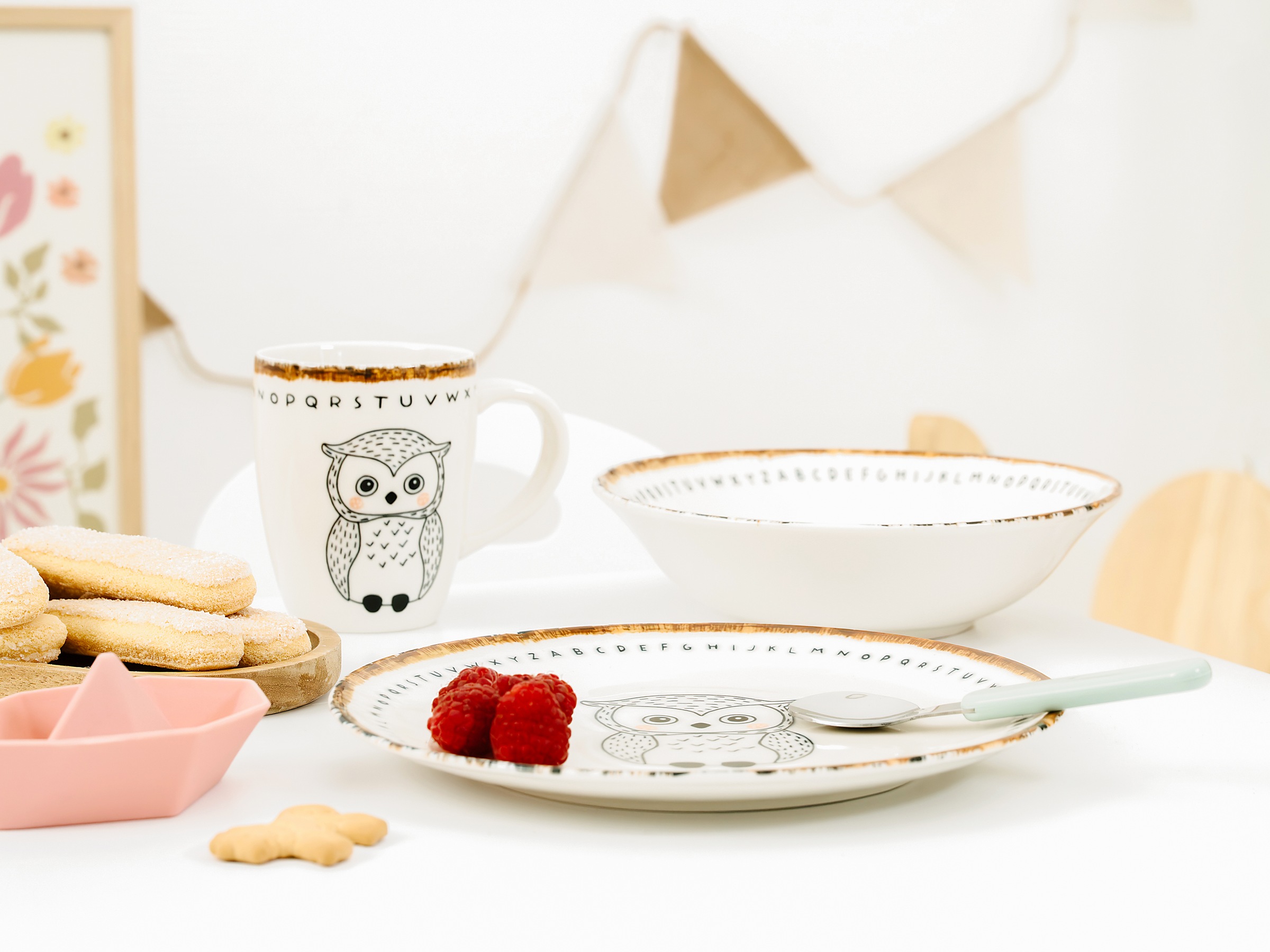 CreaTable Kindergeschirr-Set »Freunde des Waldes Eule, Kinder Set 3-tlg.« Tiermotive, skandinavischer Stil, unregelmäßiger brauner Rand