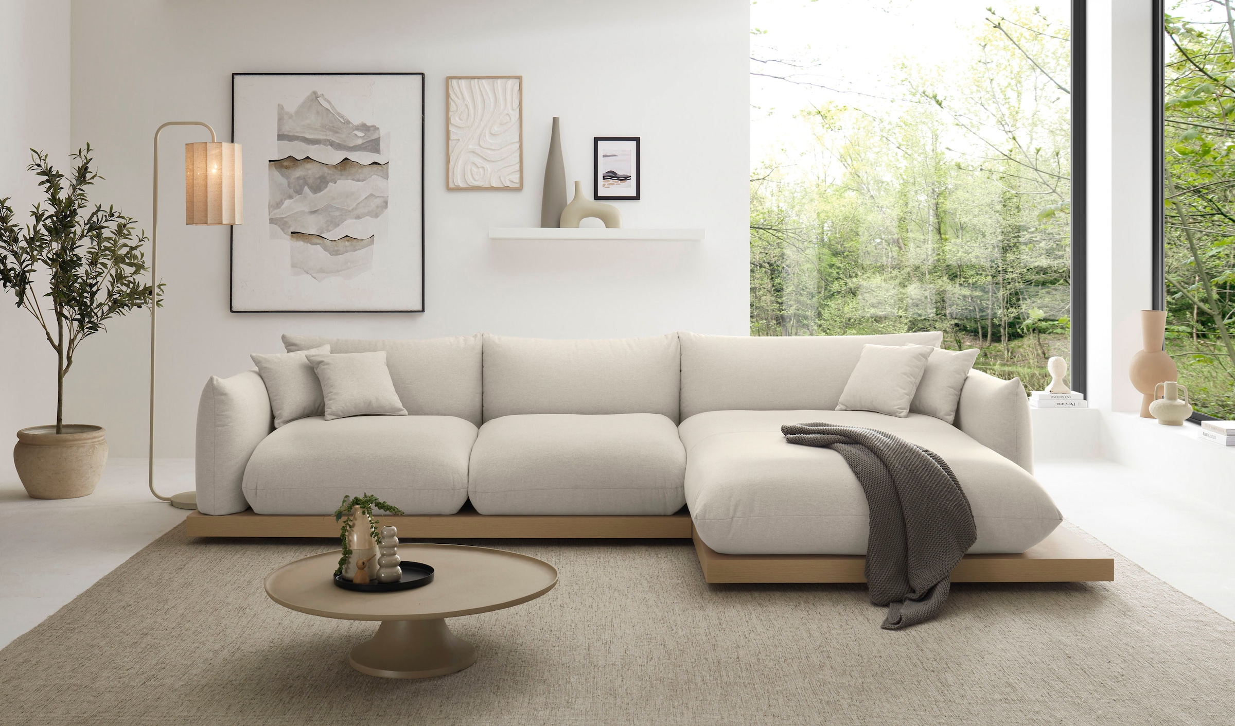OTTO home Ecksofa »Kalix, Polsterecke mit kräftigem Holz-Plateau, moderne Couch in L-Form« wahlweise Recamiere links o. rechts, Strukturstoff, hoher Sitzkomfort