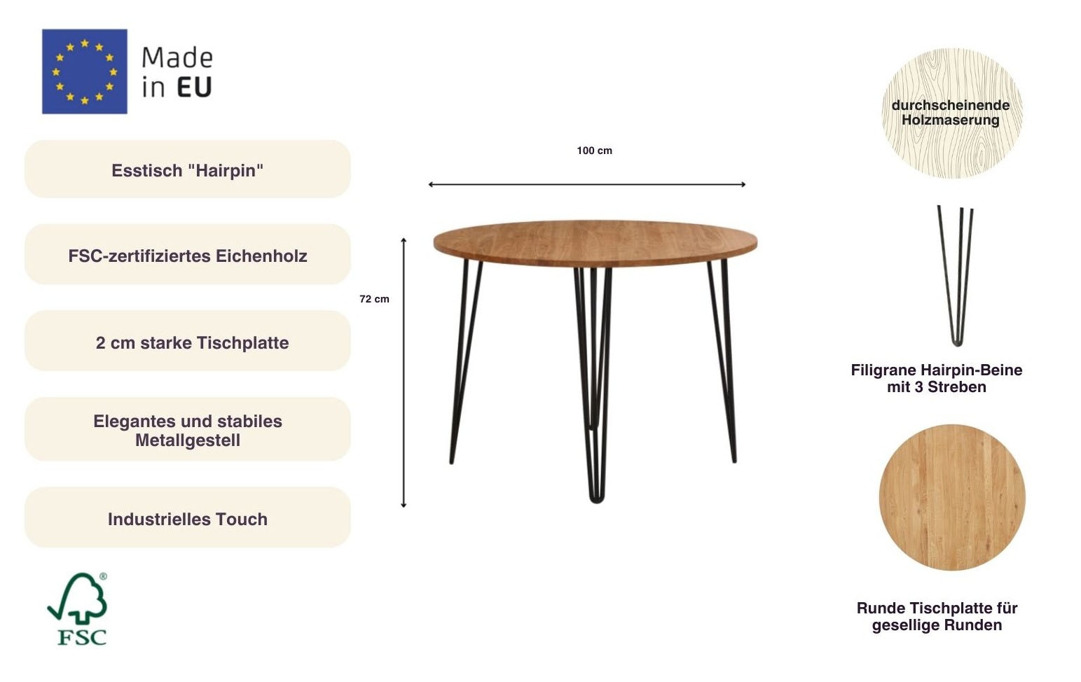 Home affaire Esstisch »Hairpin« Holztisch aus Eichenholz, mit Metallbeinen, Breite 100 cm