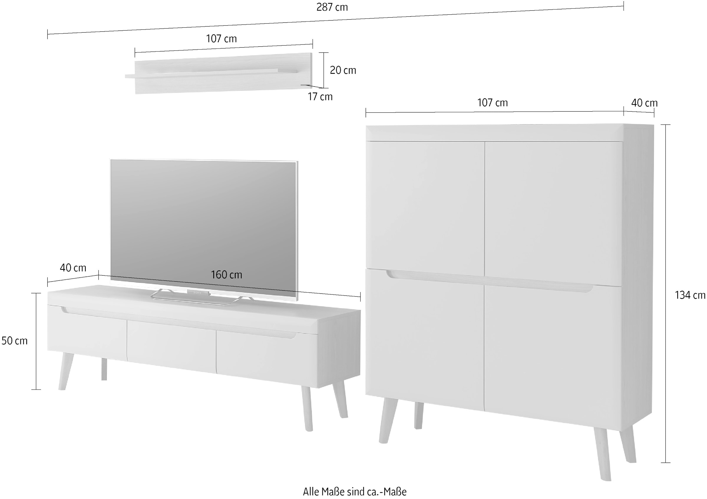INOSIGN Wohnwand »Torge, Anbauwand, Schrankwand, Mediawand, Wohnzimmer-Set«, (3 St.), enthält 1 Lowboard, 1 Highboard, 1 Wandboard, 287 cm breit