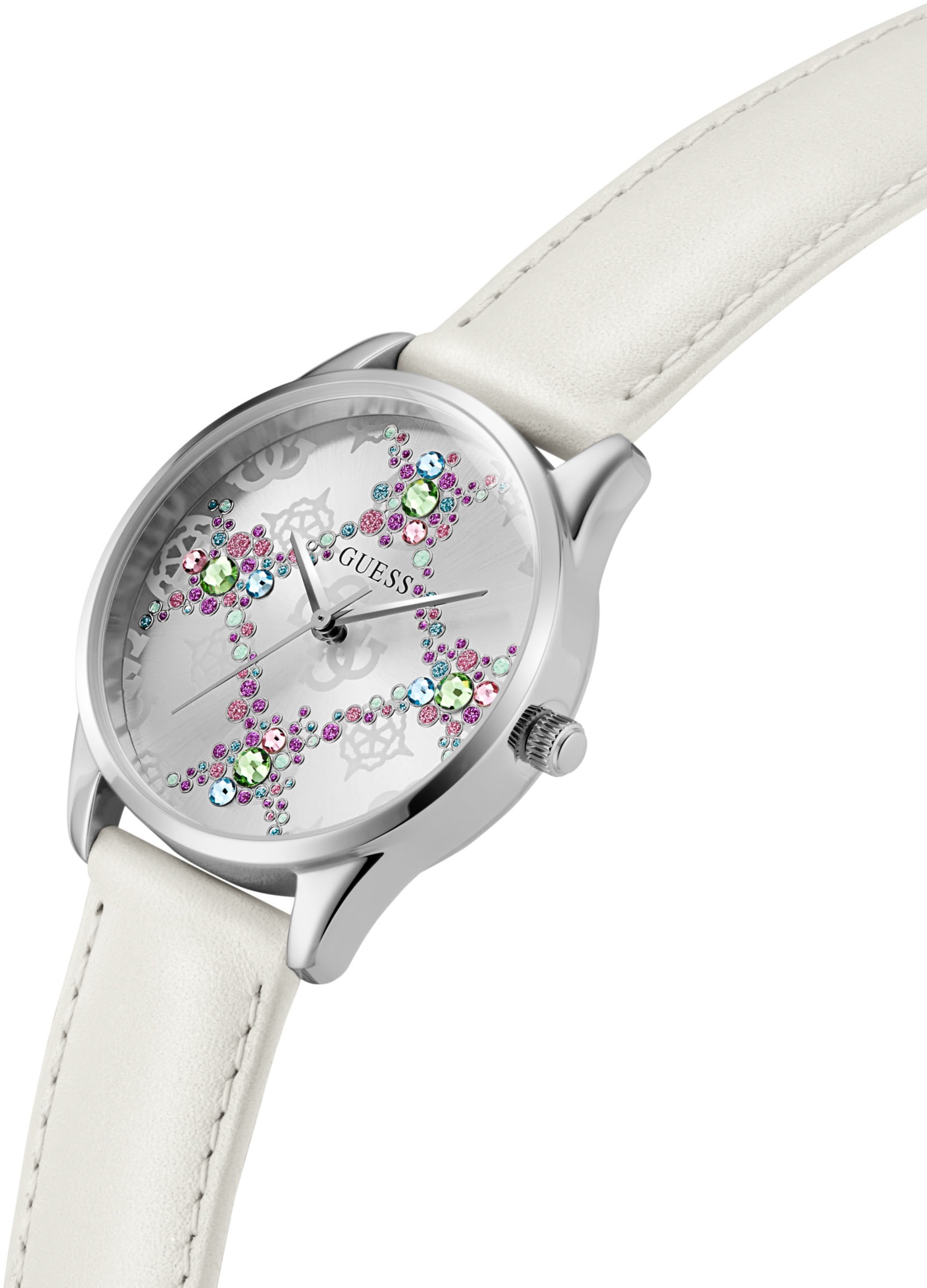 Guess Quarzuhr »LUSTER«, Armbanduhr, Damenuhr, Lederarmband, Mineralglas, analog