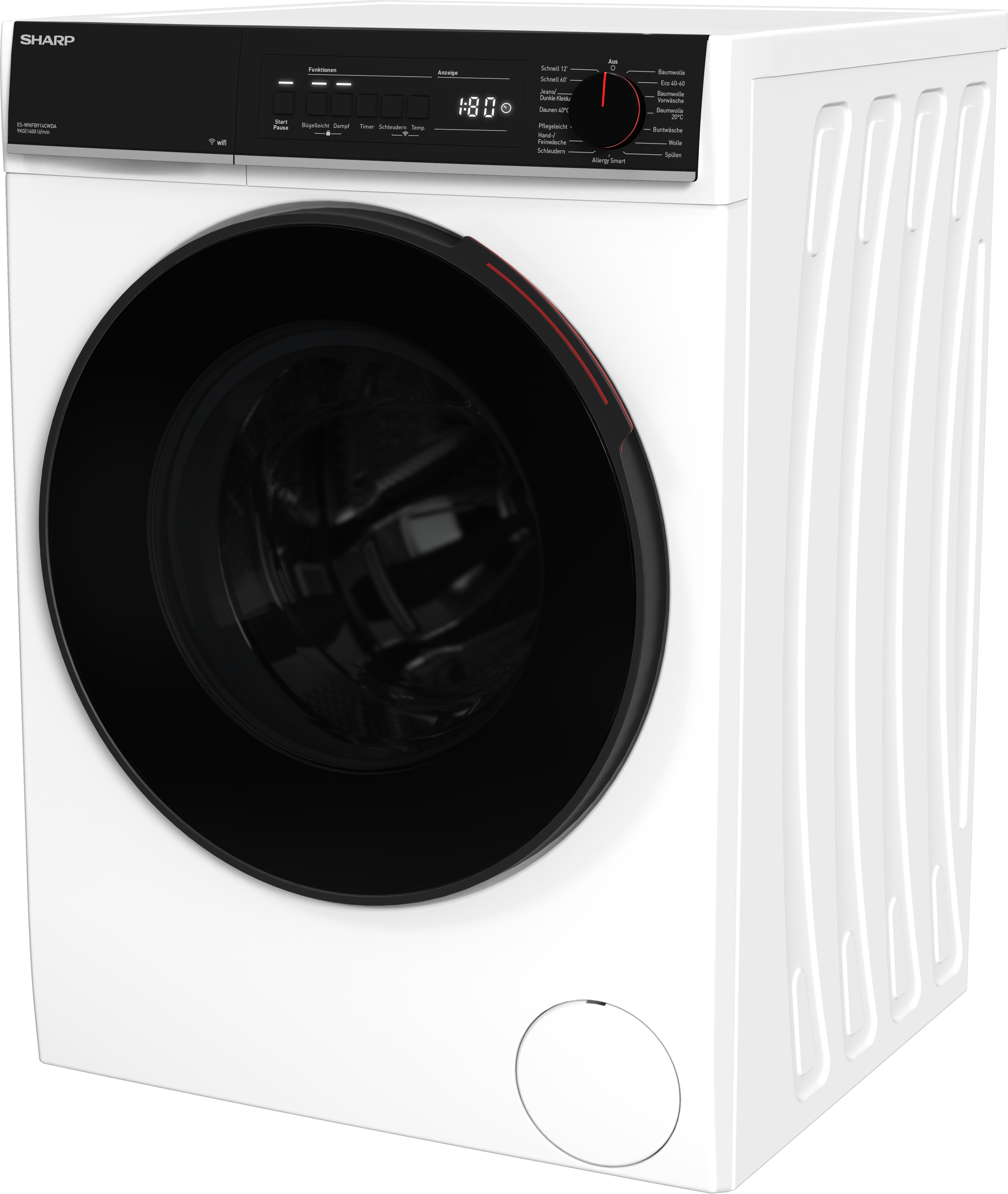 Sharp Waschmaschine Mid Class »ES-WNFB914CWDA-DE«, 9 kg, 1400 U/min, 9kg / +WIFI / A-20% / black Doorring+knob/Steam/White