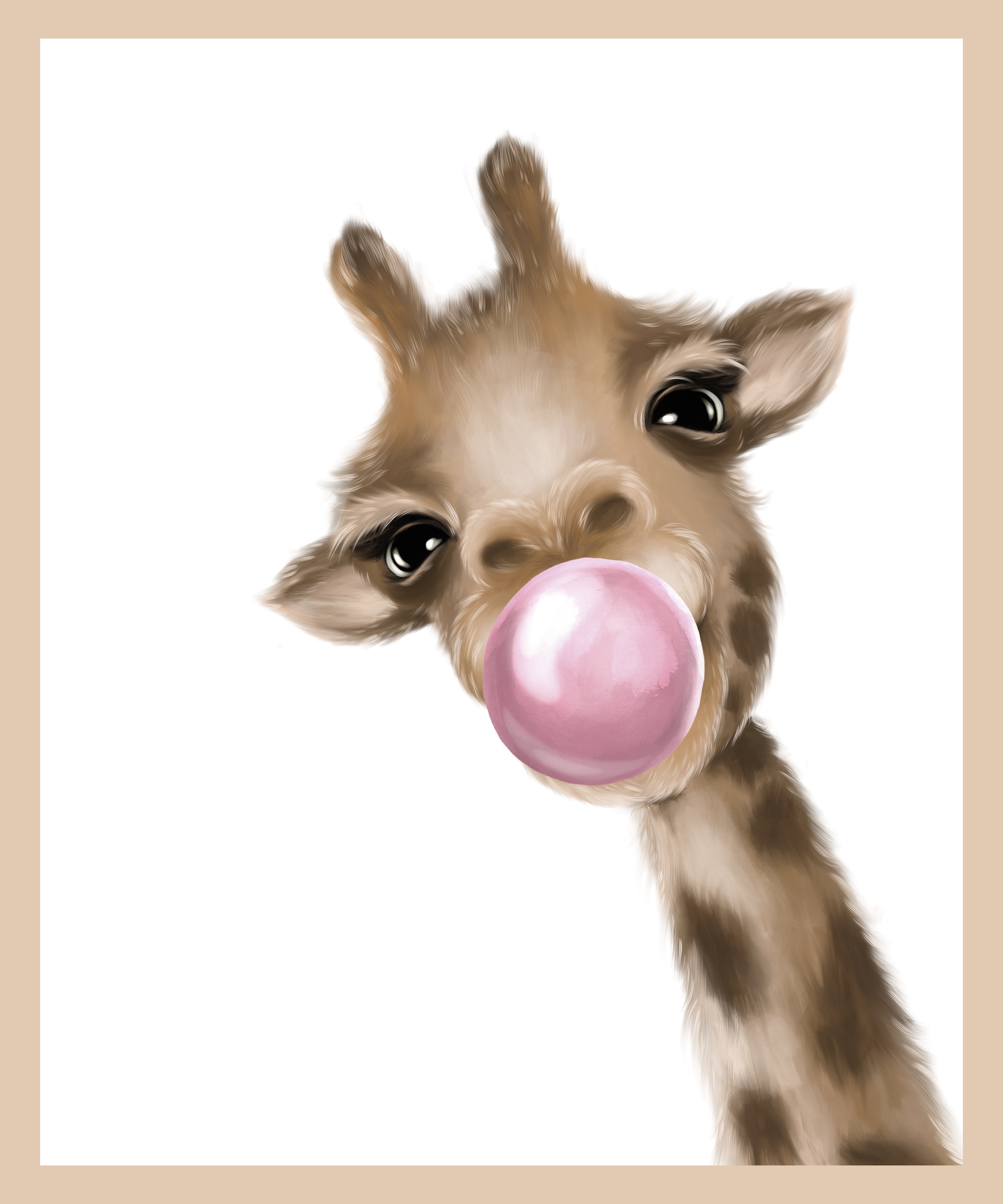 Lüttenhütt Bild mit Rahmen »Giraffe mit Kaugummi in Rosa«, Fantasy-Giraffe-Giraffen Bilder-Tiere, (1 St.), Premium Rahmenbild, Motive in wunderschönen Pastelltönen