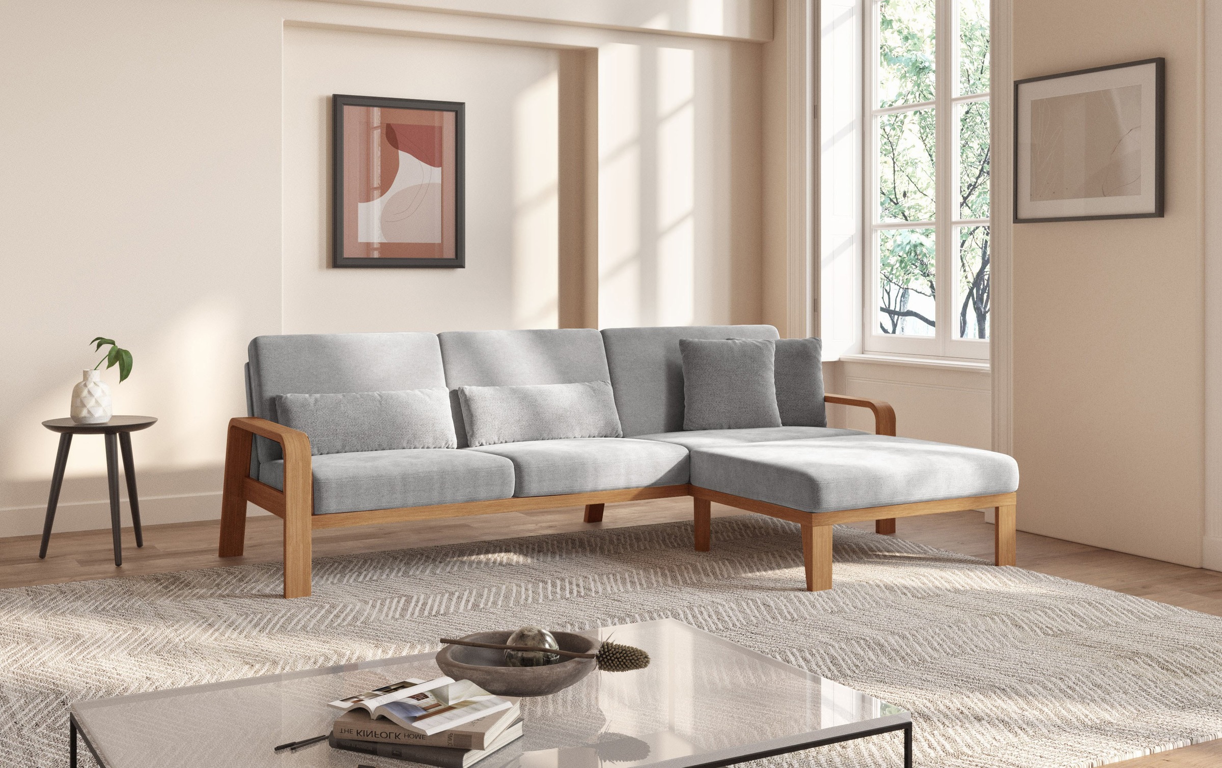 sit&more Ecksofa »Kolding L-Form«, Armlehnen aus eichefarbigem Buchenholz, verschiedene Bezüge und Farben
