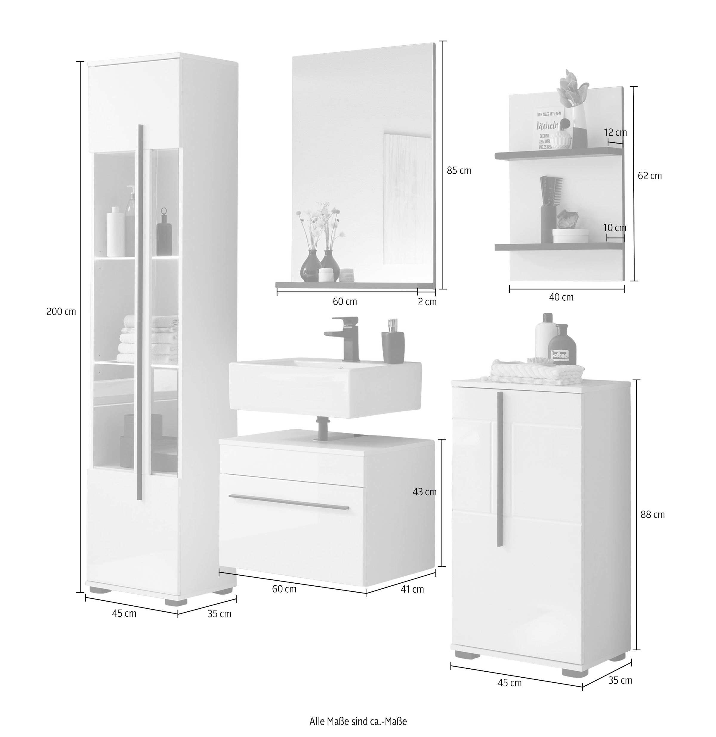 INOSIGN Badmöbel-Set »Cantara, Bad im modernen Design, 5-teiliges Badezimmer«, (Set, 5 St.), Unterschrank, Schränke, Hängeregal und Spiegel, in Weiß Hochglanz