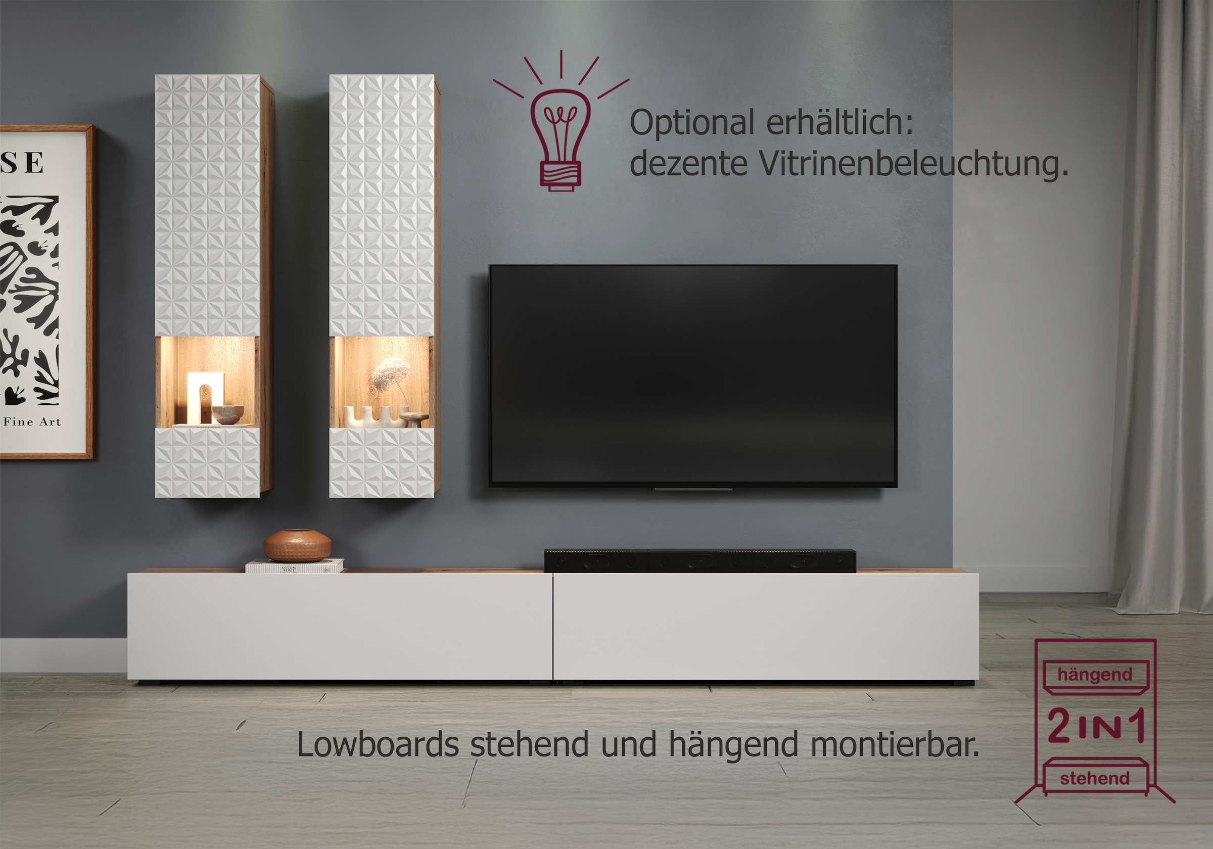 INOSIGN Wohnwand »Rezzo, 2 Hängevitrinen mit Relief-Front, 2 Lowboards je Br. 120 cm«, (Komplett-Set, 4 St.), insgesamt Br. 240 cm, Montage stehend oder hängend