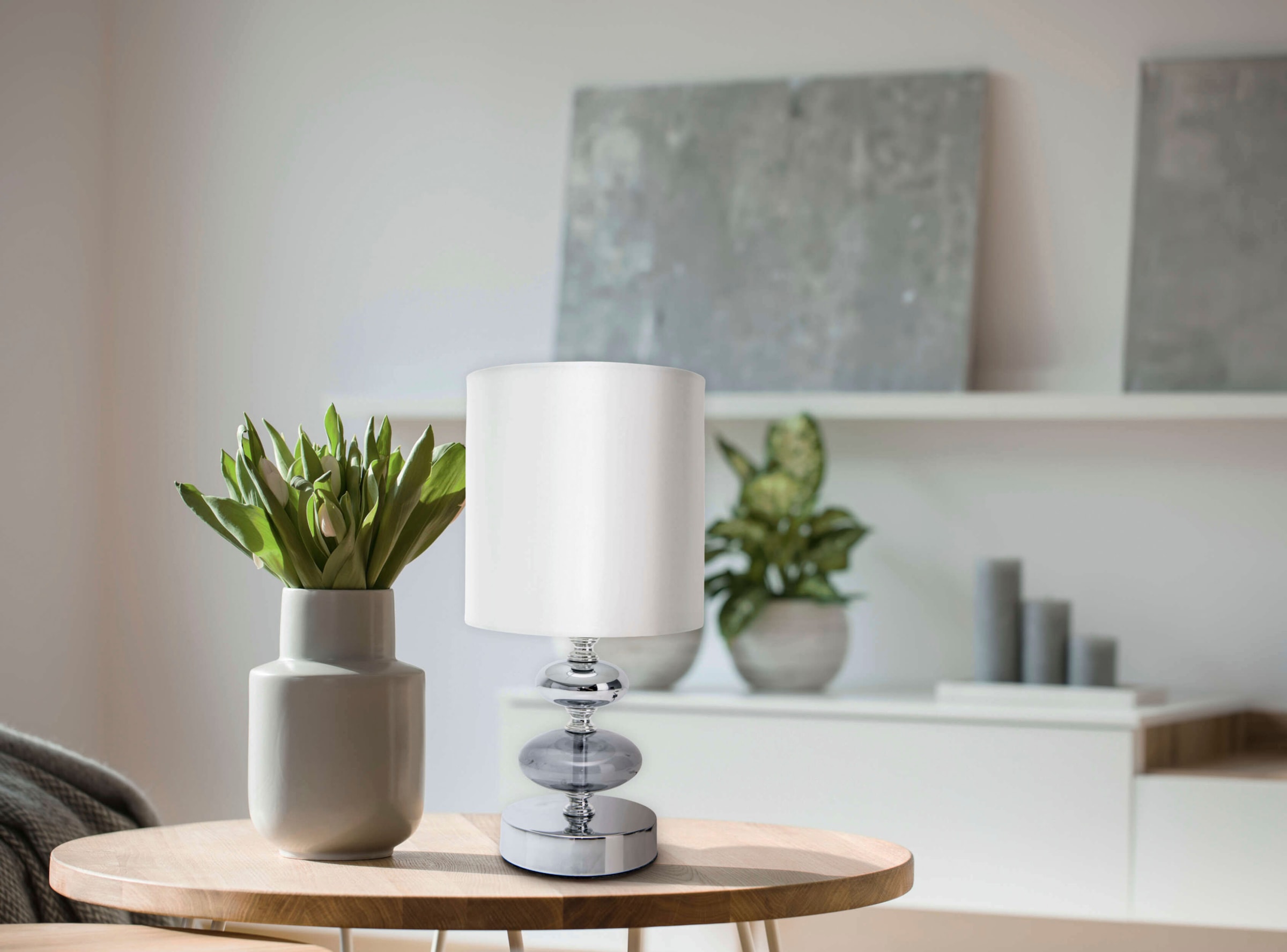 näve Tischleuchte »Mali«, 1 flammig, Leuchtmittel E14 | ohne Leuchtmittel, E14 max. 40W, Material: Metall/Glas/Textil, Farbe: weiß/chrom, IP20
