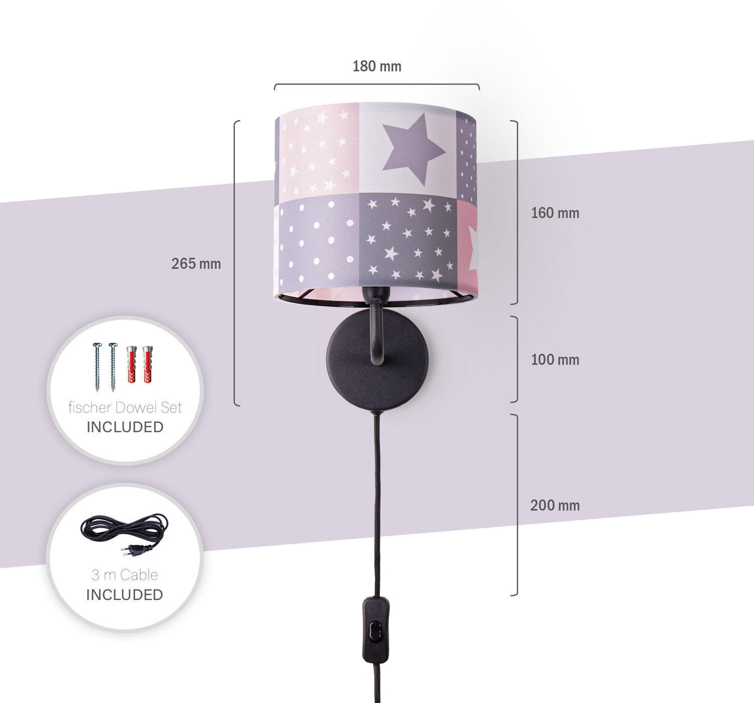 Paco Home Wandleuchte »Cosmo 345«, 1 flammig, Leuchtmittel E14 | ohne Leuchtmittel, Kinderlampe Wandlampe Schalter Ø…18cm Sterne Punkte Kabellänge 3m E14