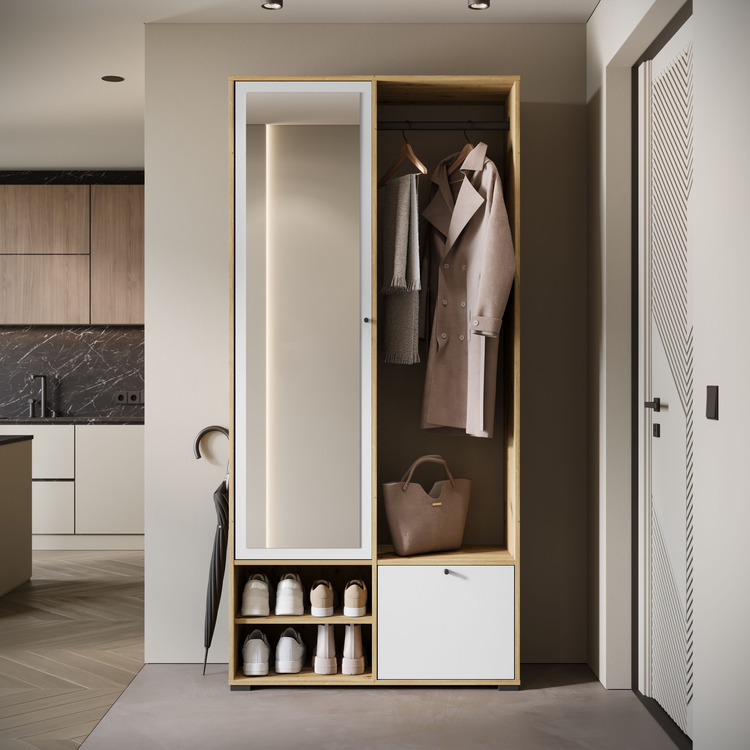 INOSIGN Garderobenschrank »DINO Kompaktgarderobe, Garderoben-Set DINO«, Mit Spiegel und Kleiderstange, 90 cm breit, Türanschlag wechselbar