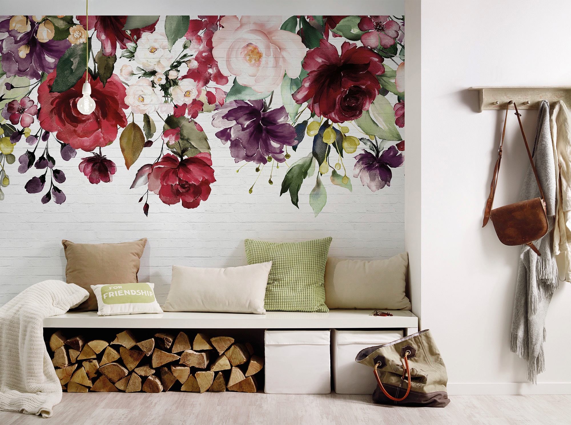 Fototapete Blumen Steinwand Rot Rosa Lila Weiß 3,50 m x 2,55 m FSC® günstig online kaufen