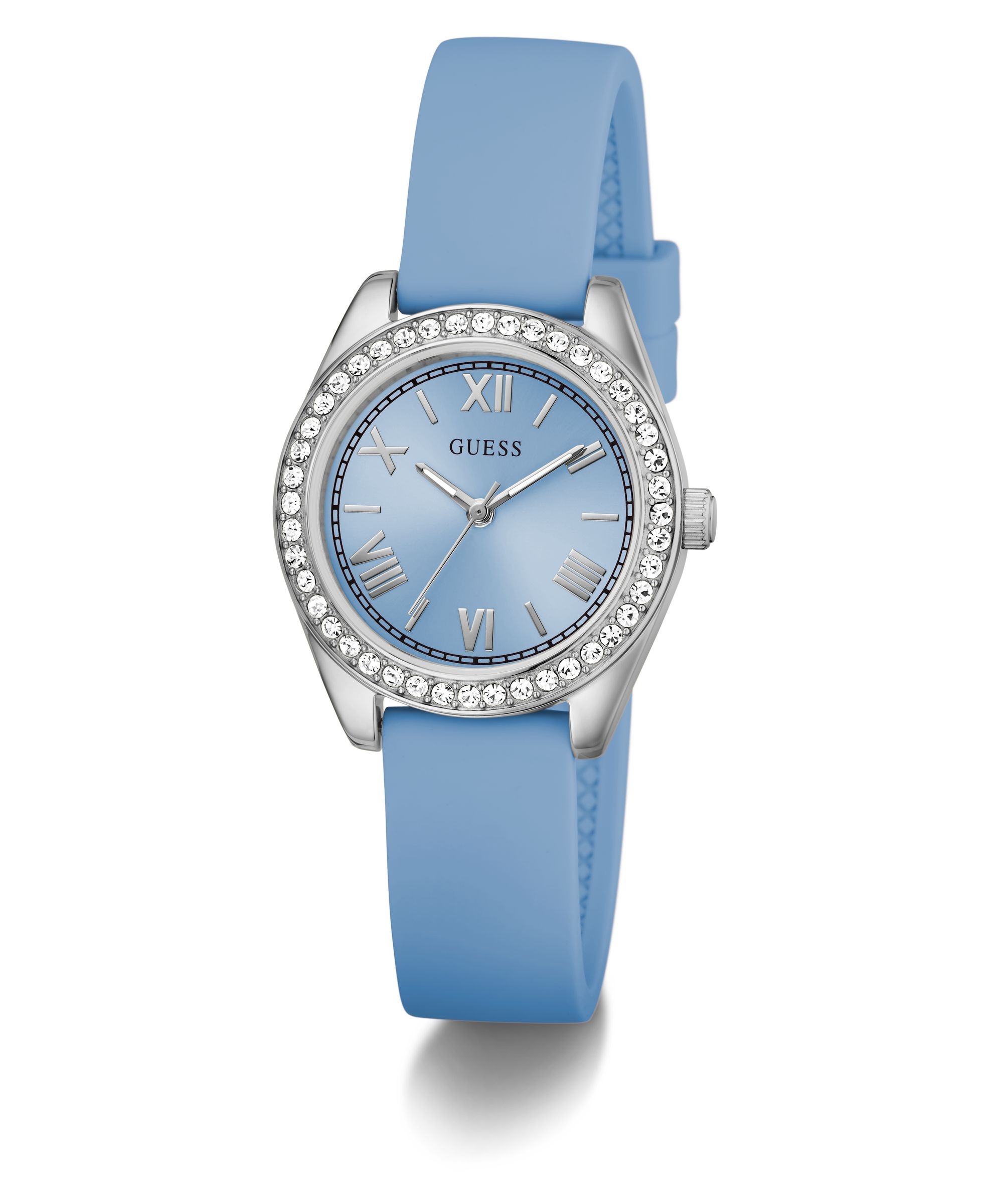 Guess Quarzuhr »GUESS-MINI LUNA GLITZ« Armbanduhr, Damenuhr, Silikonarmband, analog