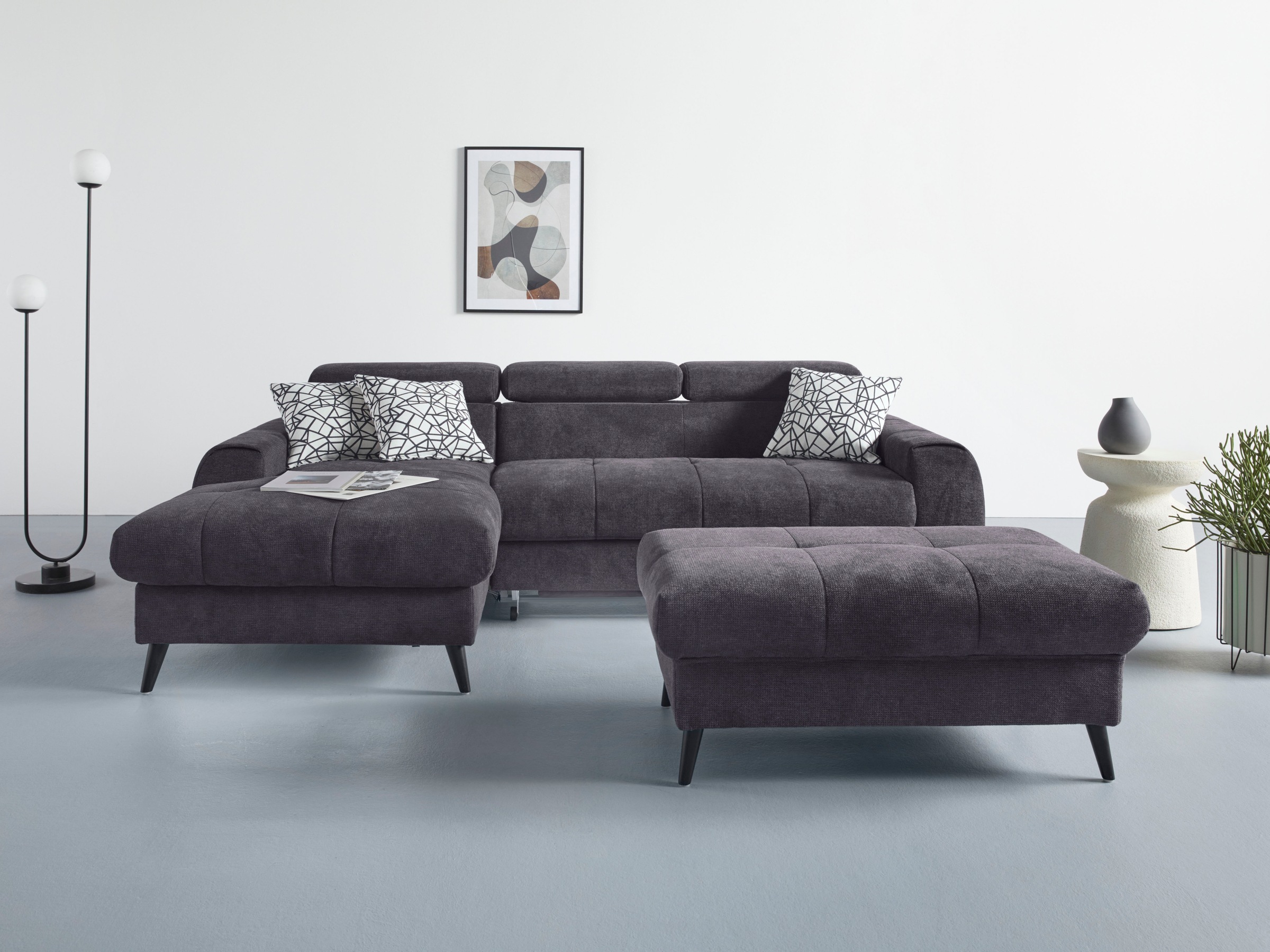 COTTA Ecksofa »Mia L-Form mit 3 Zierkissen«, wahlweise mit Bettfunktion, Bettkasten, Beleuchtung & Wireless-Charger