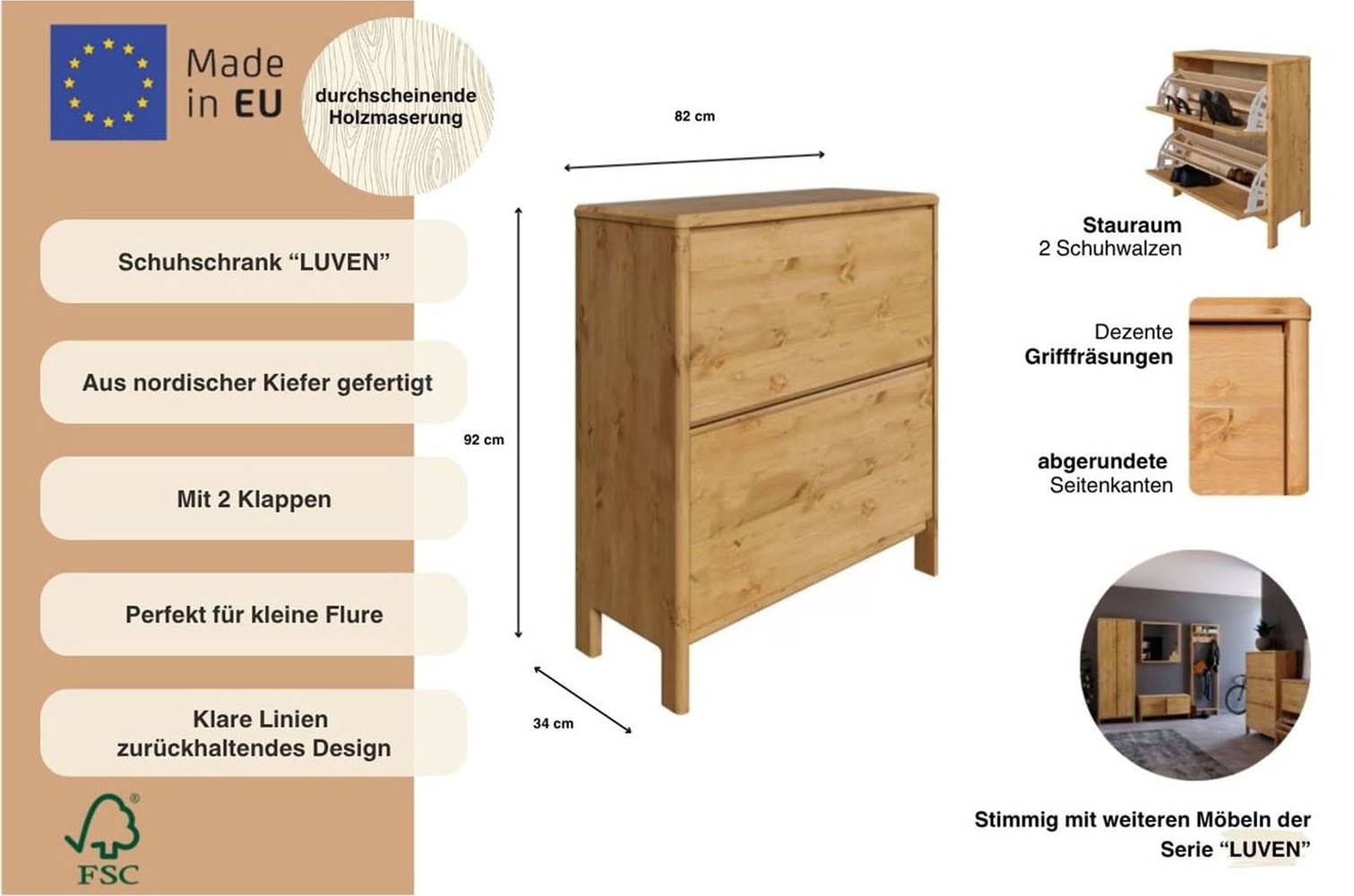 Home affaire Schuhschrank »Luven« FSC® zertifiziertes Massivholz, mit 2 Klappen