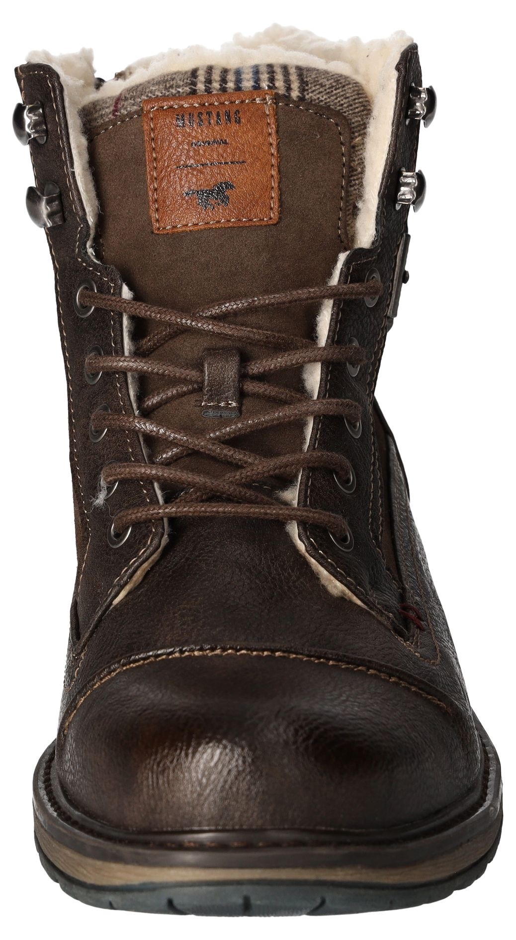 Mustang Shoes Winterboots, Blockabsatz, Winterstiefelette, Schnürboots mit kariertem Besatz