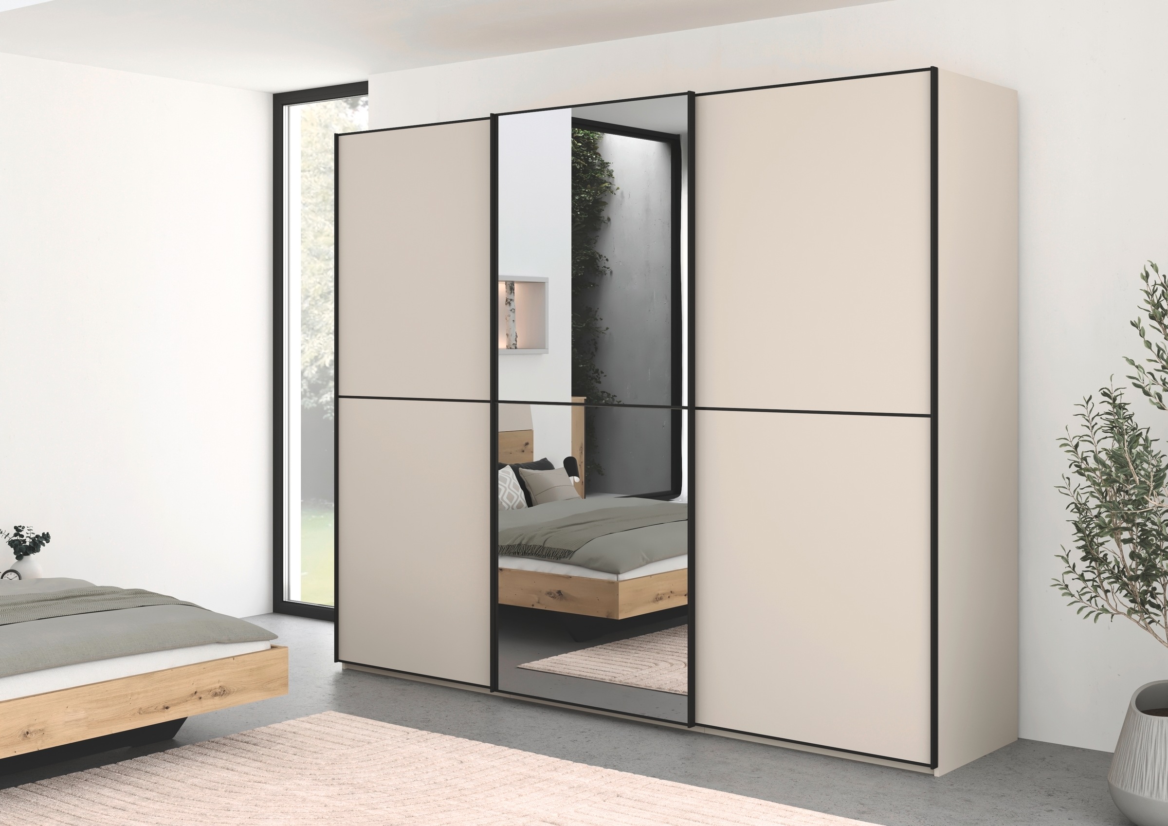 rauch Schwebetürenschrank »Kleiderschrank Schrank Garderobe Schlafzimmerschrank SCALE-DUO«, edle zweigeteilte Türen, Spiegel und 3 Zierleisten MADE IN GERMANY