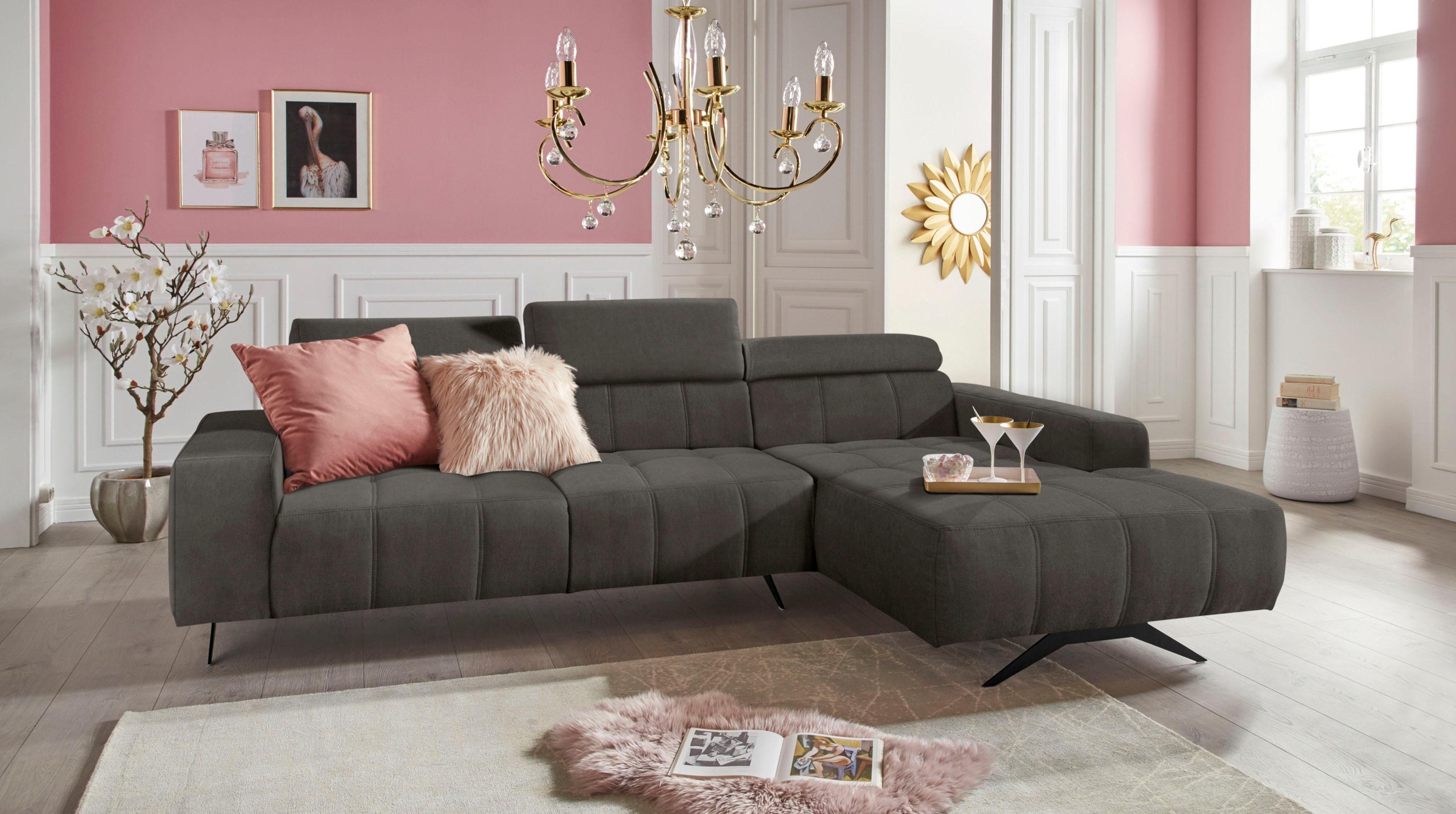 DOMO collection Ecksofa »Trento L-Form, mit Kufenfuß oder Einzelfuß«, wahlweise mit Kopfteilverstellung, Recamiere links/rechts bestellbar