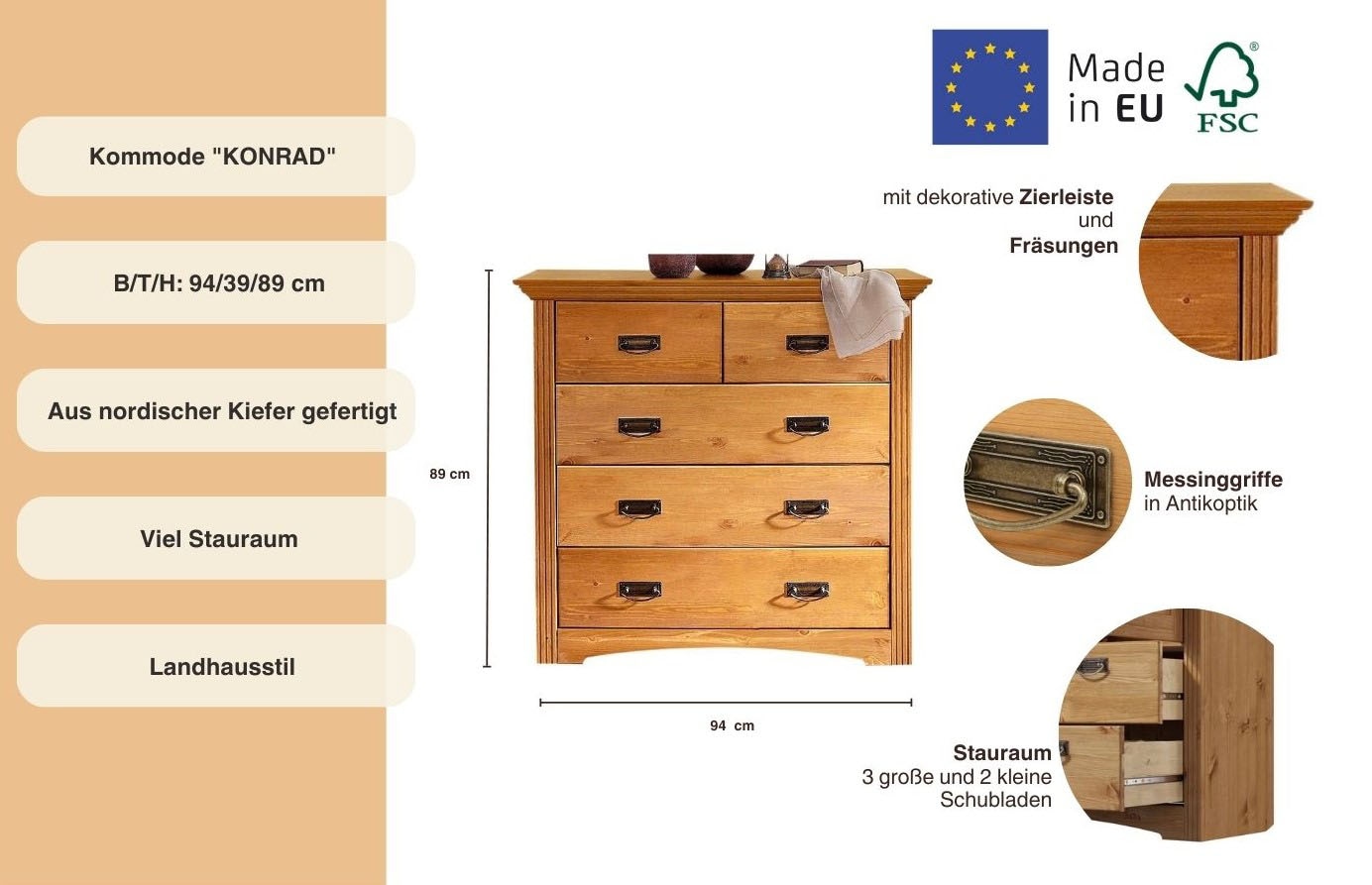 Home affaire Schubkastenkommode »Konrad«, Breite 94 cm, aus massiver, FSC®-zertifizierter Kiefer
