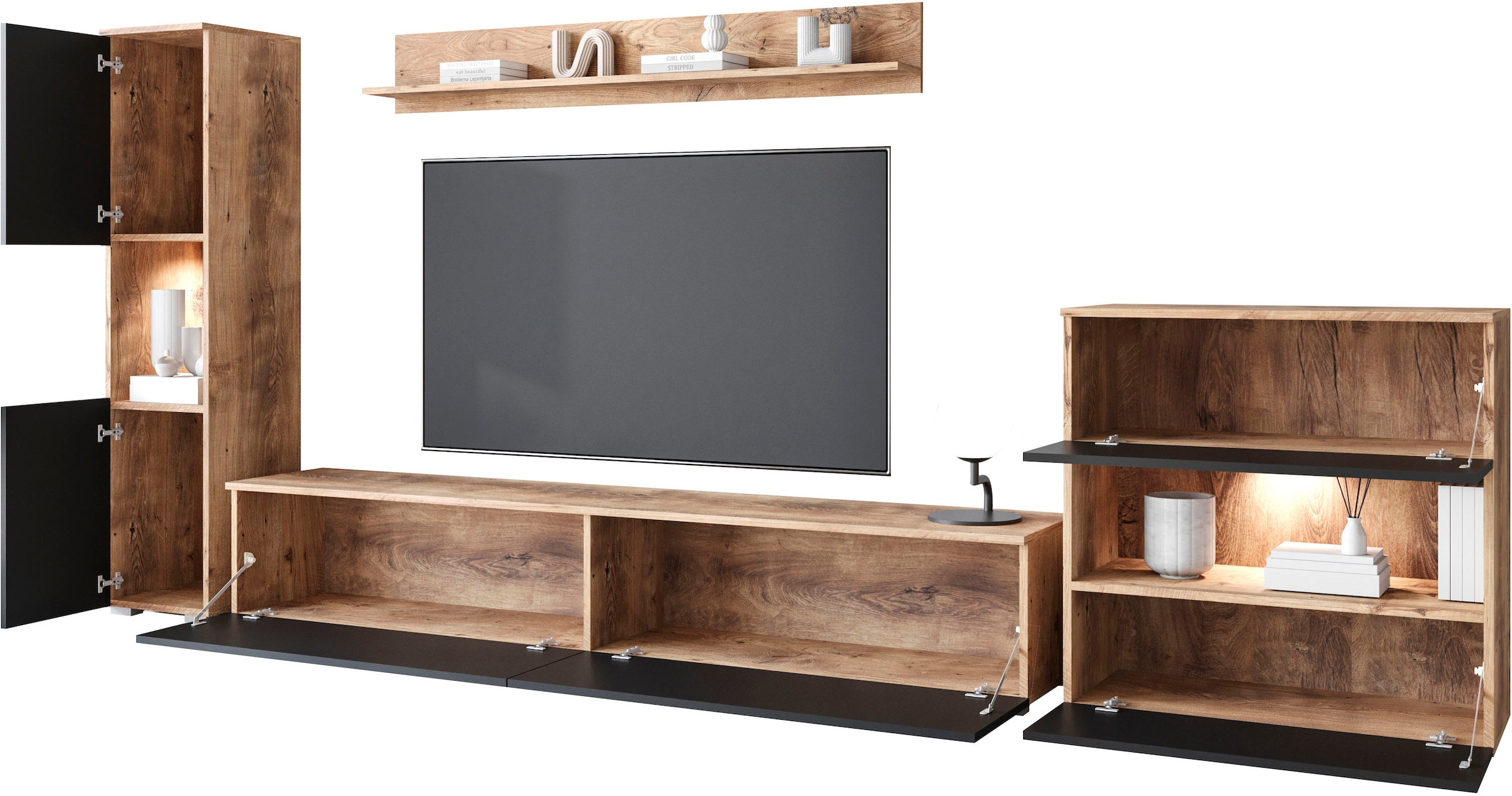 INOSIGN Wohnwand »PARIS«, (Komplett-Set, 4 St.), TV-Wand 300cm breite, grifflose Design, stehend und hängend montierbar