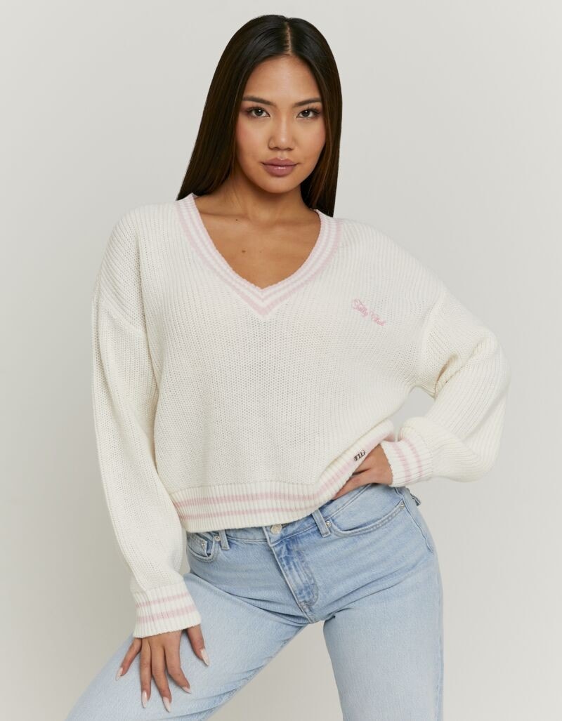 Tally Weijl Strickpullover »SPUACKARIBOU« Kunstfaser, mit tiefem V-Ausschnitt im College-Stil