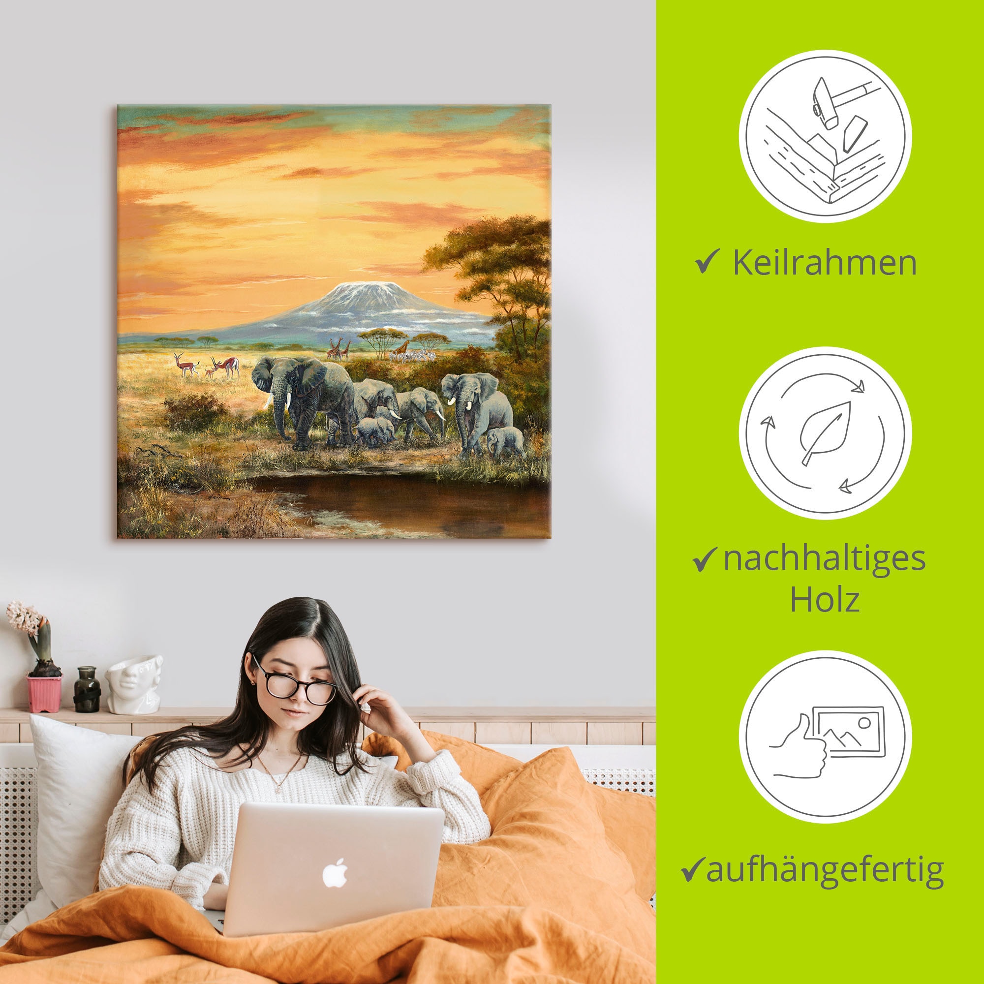 Artland Wandbild »Afrikalandschaft mit Elefanten«, Wildtiere, (1 St.), als Leinwandbild, Poster in verschied. Größen