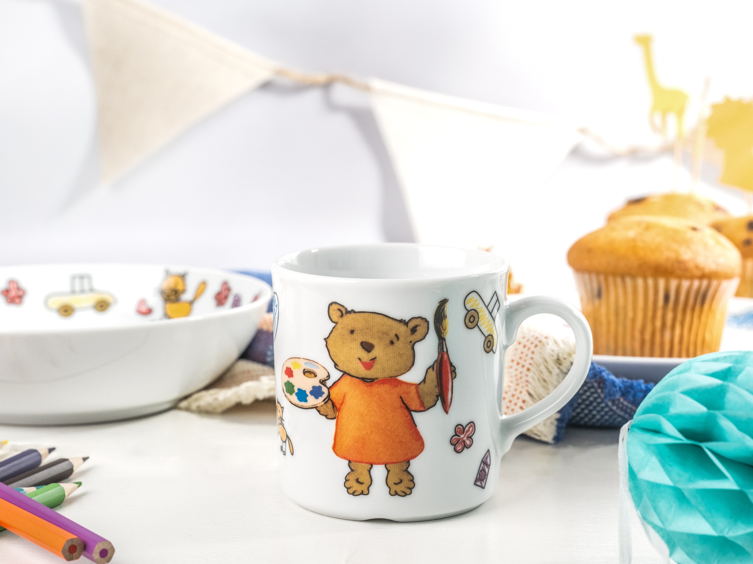 CreaTable Kindergeschirr-Set »Teddy«, (Set, 3 tlg., 1 Kinderteller, 1 Kinderbecher, 1 Kinderschale im Set), Made in Europe, 3 Teile, für 1 Person