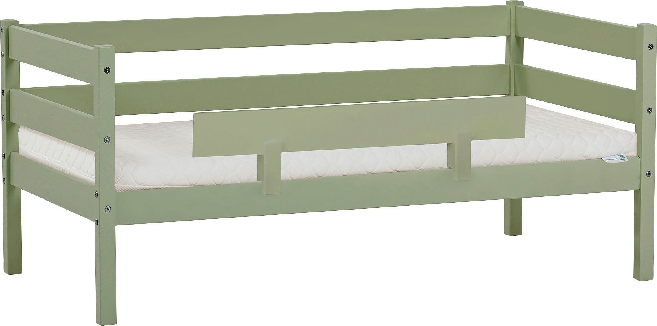 Einzelbett „ECO Comfort“, (Set), mit Rollrost in 8 Farben, wahlweise mit Matratze und Absturzsicherung, Pale Green mit ECO-Dream Matratze und Rausfallschutz