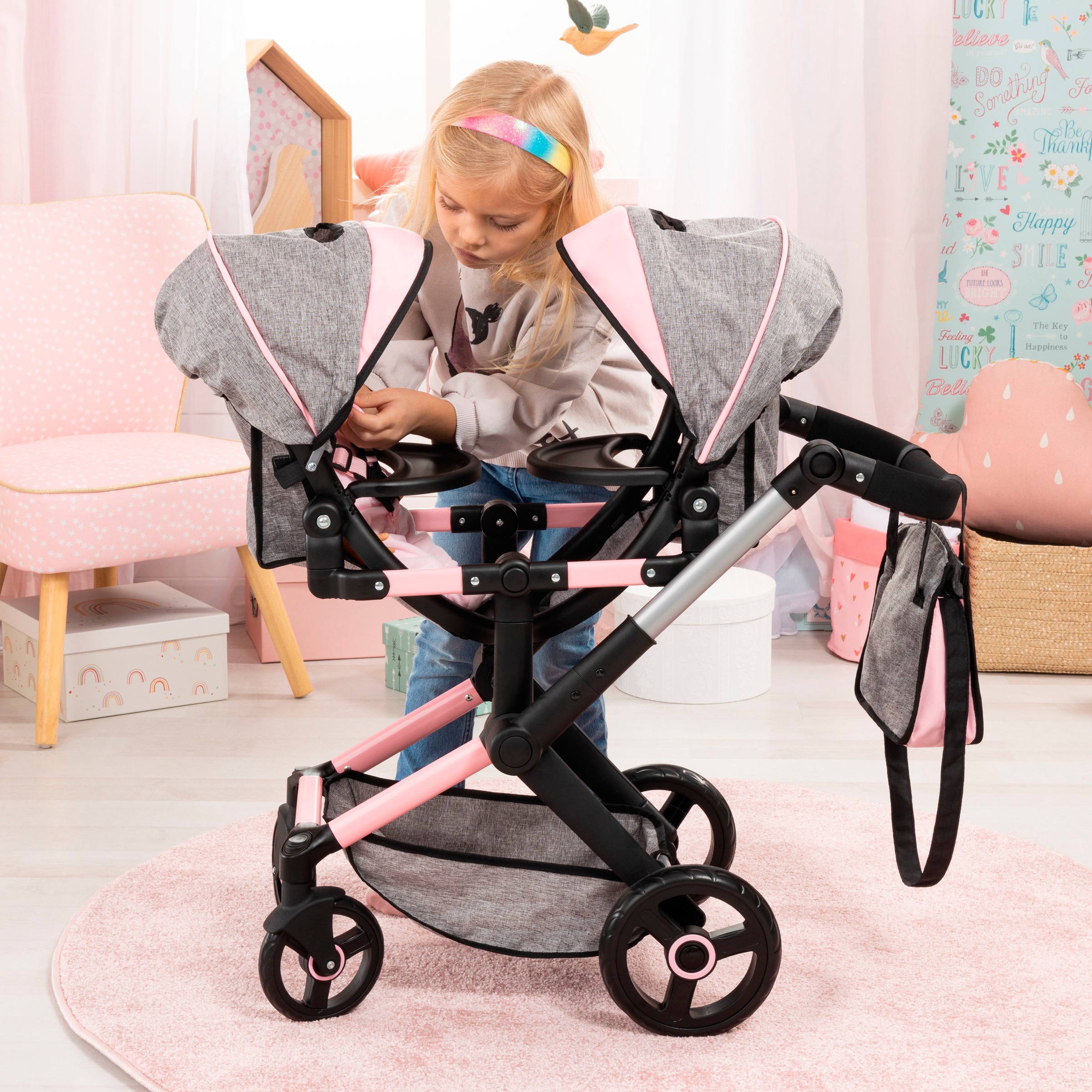 Bayer Puppen-Zwillingsbuggy »Xeo Twin grau/rosa«, mit Wickeltasche