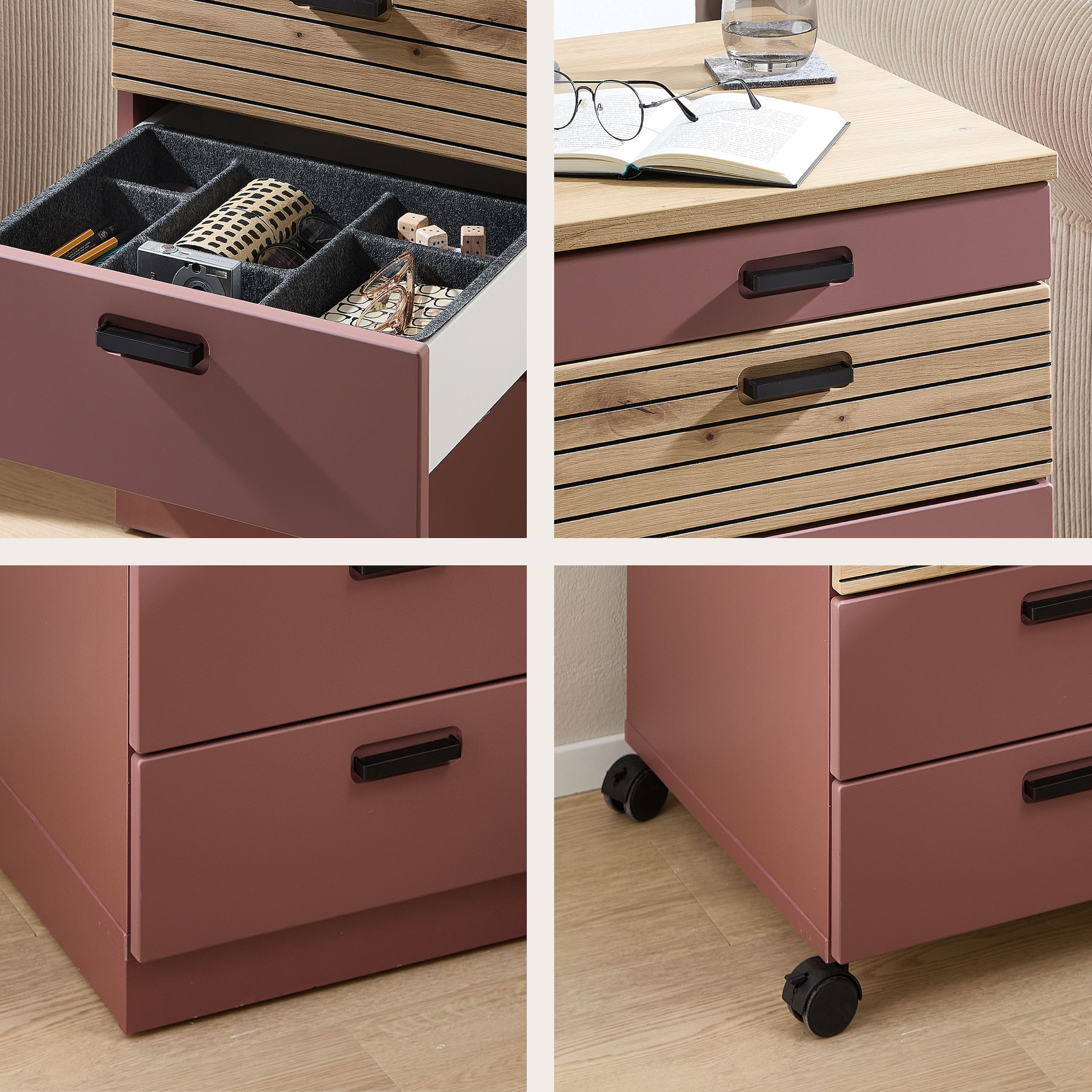 Innostyle Rollcontainer »Nachtkommode Glenn, 45 x 66 x 55 cm (B/H/T)«, (1 St.), inkl. Filzeinlage, 4 Rollen (2 mit Bremsen) oder Sockel, SK Soft-Close