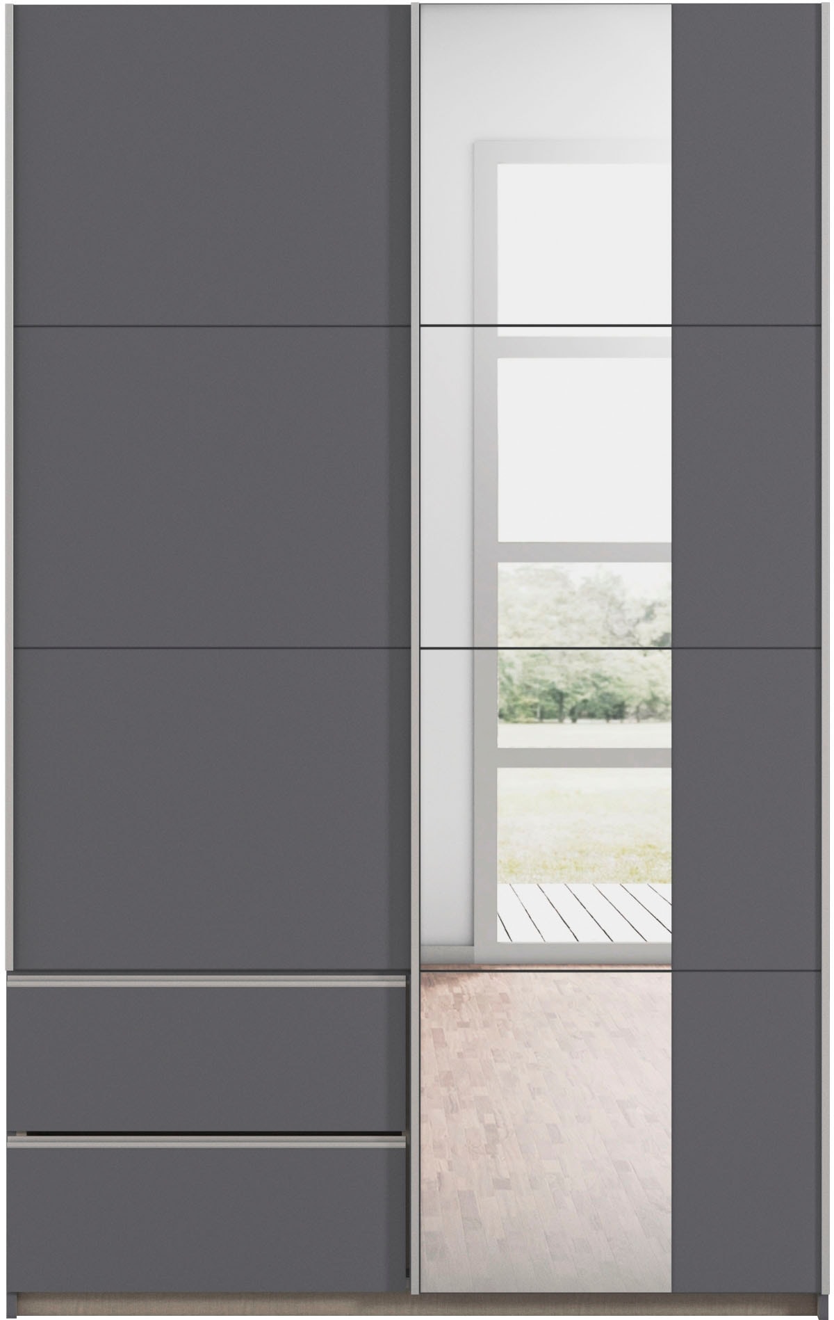 rauch Schwebetürenschrank »Kleiderschrank Schrank Garderobe Wäscheschrank SEVILLA mit Spiegel«, (in 3 verschiedenen Ausstattungen BASIC/CLASSIC/PREMIUM), Metall-Griffleisten alufarben oder Graumetallic MADE IN GERMANY