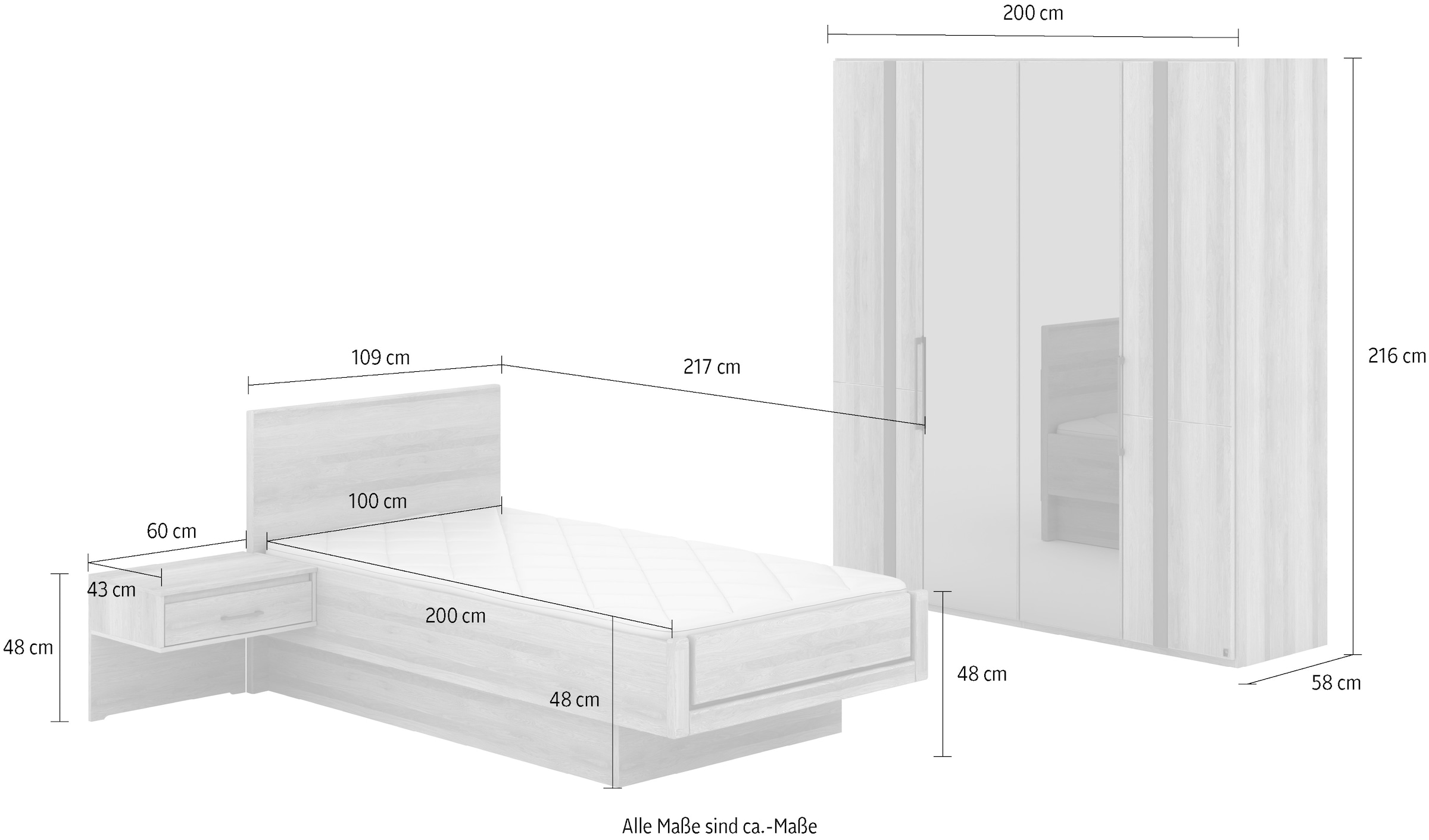 Musterring Schlafzimmer-Set »Sorrent, Kleiderschrank, Bett & Nachtkommoden, teilmassiv Eiche« 2er-Set Nachtschränke, Drehtürenschrank 200 cm, Bett 100x200 cm,  Schrank mit Türen und Schubkästen, Bett schwebende Optik, teilmassiv