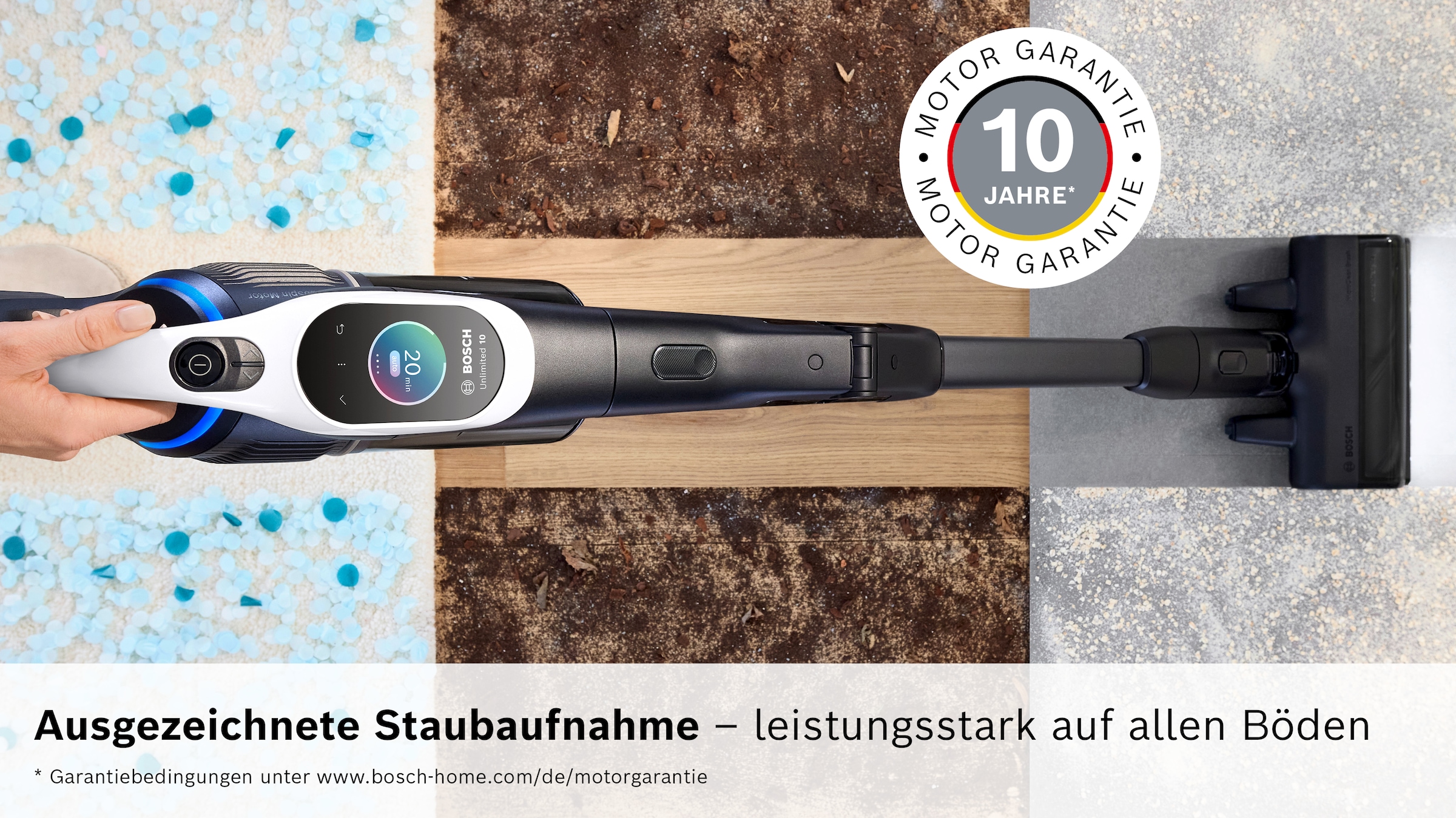 BOSCH Akku-Stielstaubsauger »Unlimited 10 BTS1042WAC, MicroClean™ Technology, 10 J. Motorgarantie« Display, Knickrohr, HEPA-Filtersystem, Schnellladegerät, 2 Akkus, weiß