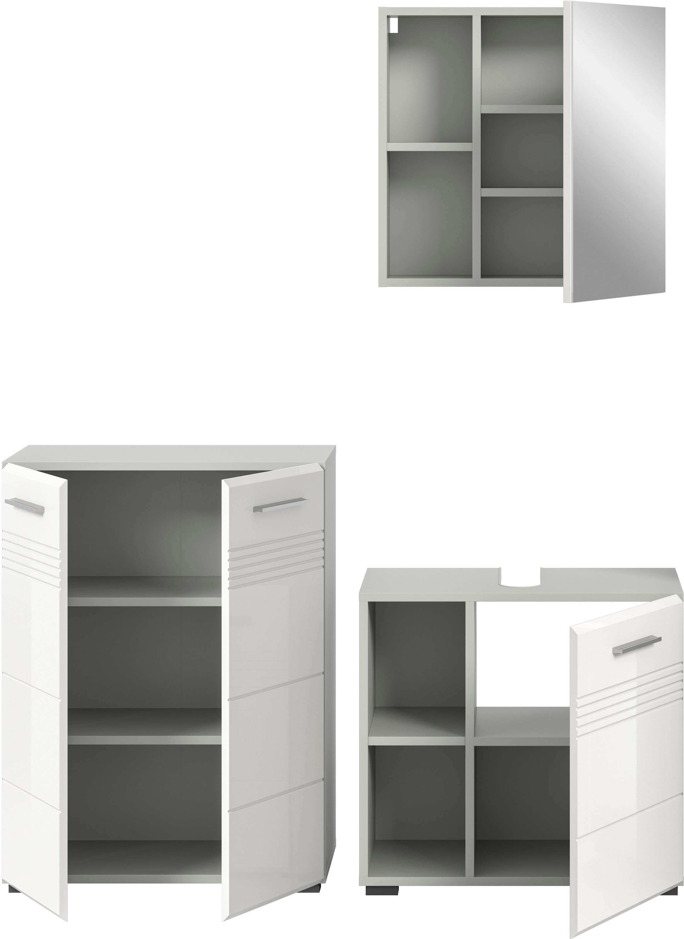 welltime Badmöbel-Set »Calicio, bestehend aus: Midischrank, Waschbeckenunterschrank,«, (3 St.), Spiegelschrank, hochwertige MDF Front mit Rillenfräsung