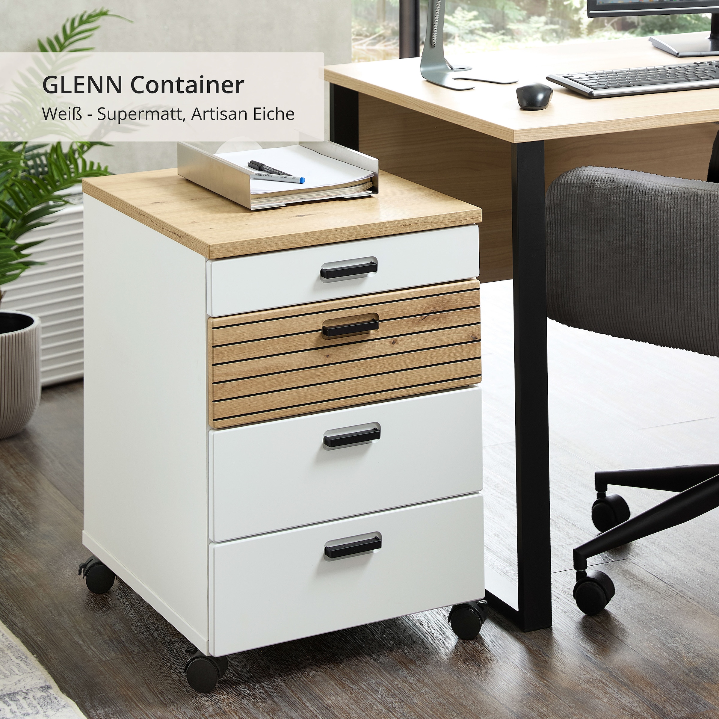 Innostyle Rollcontainer »Nachtkommode Glenn, 45 x 66 x 55 cm (B/H/T)«, (1 St.), inkl. Filzeinlage, 4 Rollen (2 mit Bremsen) oder Sockel, SK Soft-Close