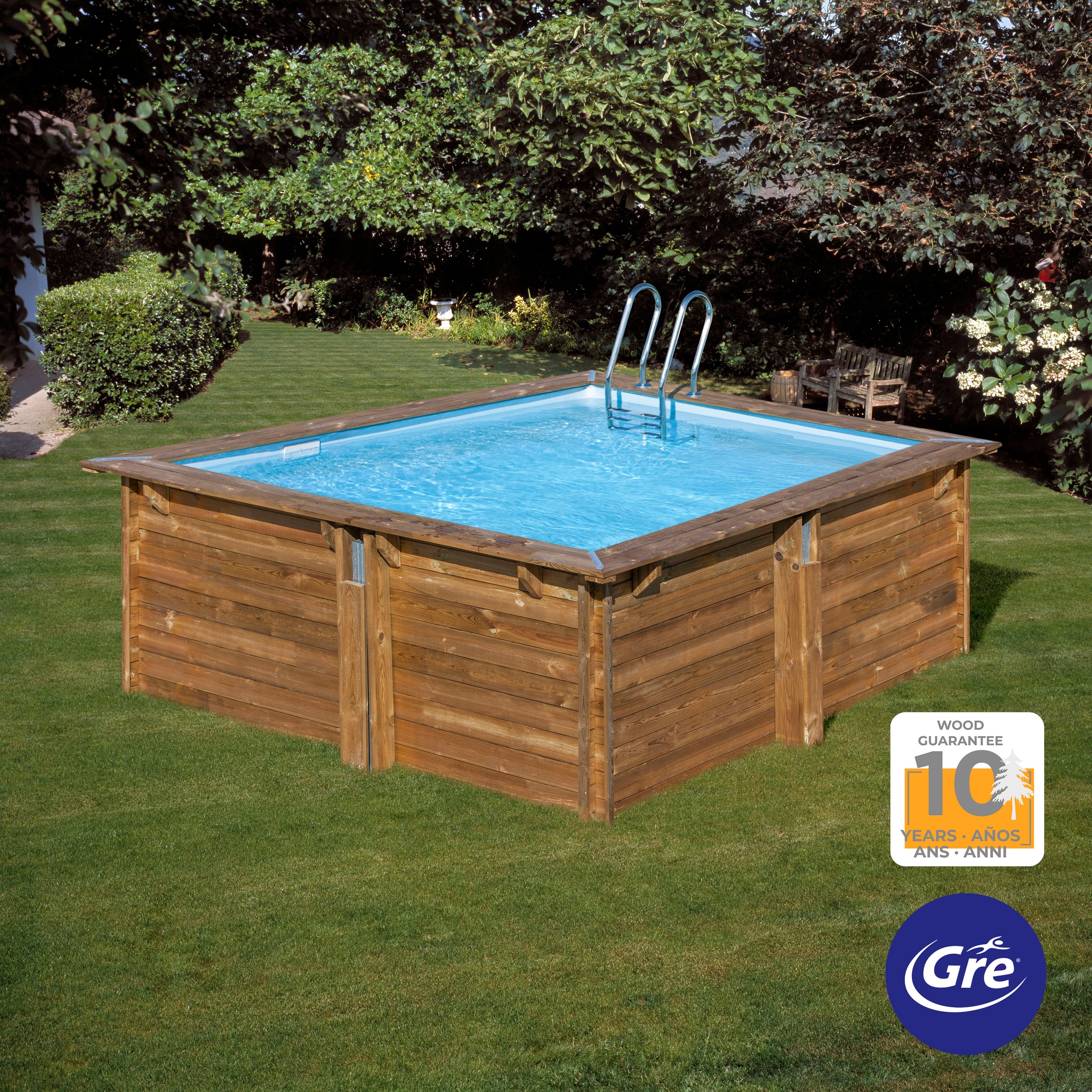 Gre Rechteckpool »CARRA 3 mit Edelstahlleiter«, (Set, 8 tlg.), Echtholzpool, 305x305x119 cm