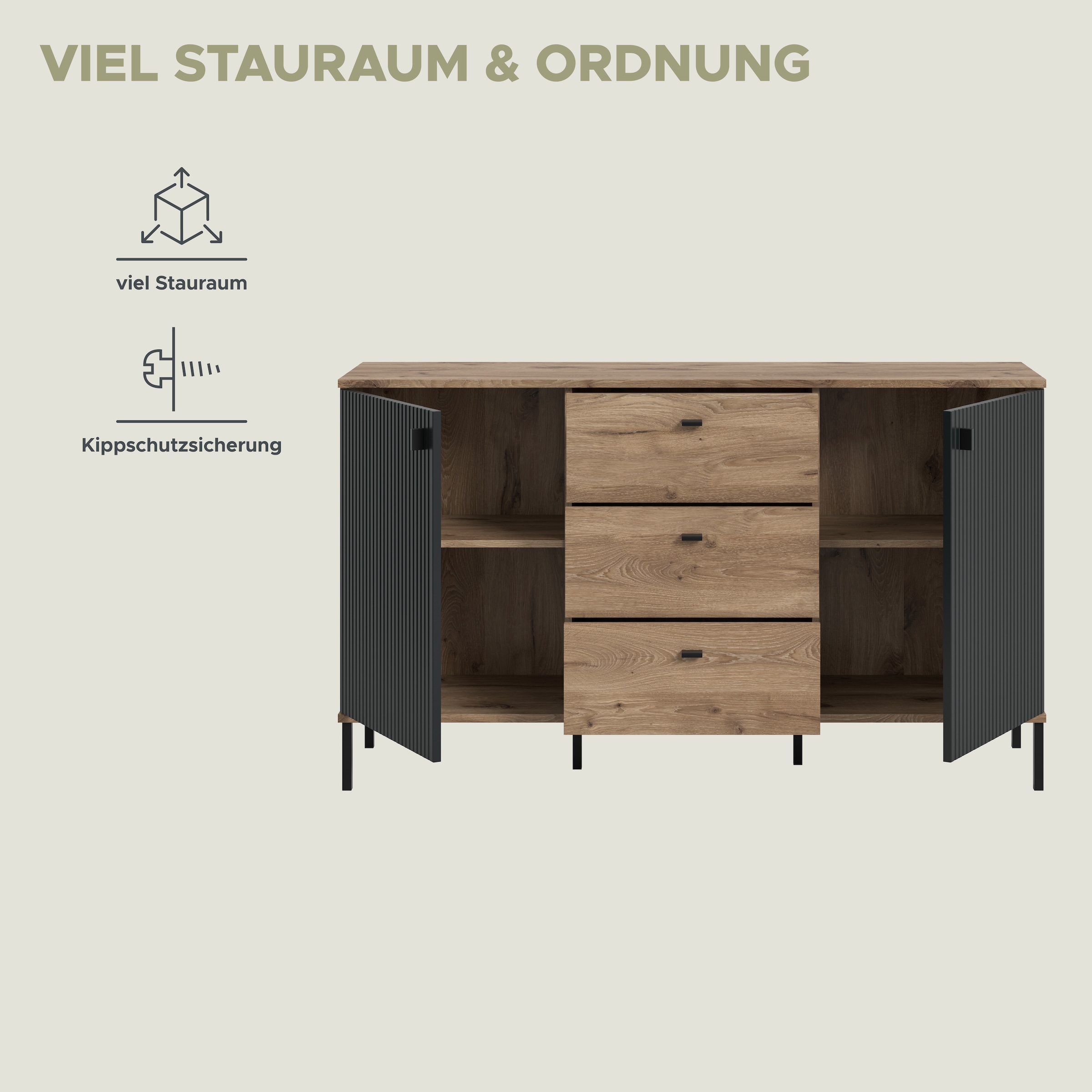 INOSIGN Sideboard »TREVERK, Breite: 154 cm, hochwertige MDF-Front schwarz tiefzieh« 1 Stk. tlg. Sideboard, Wohnzimmer, Esszimmer