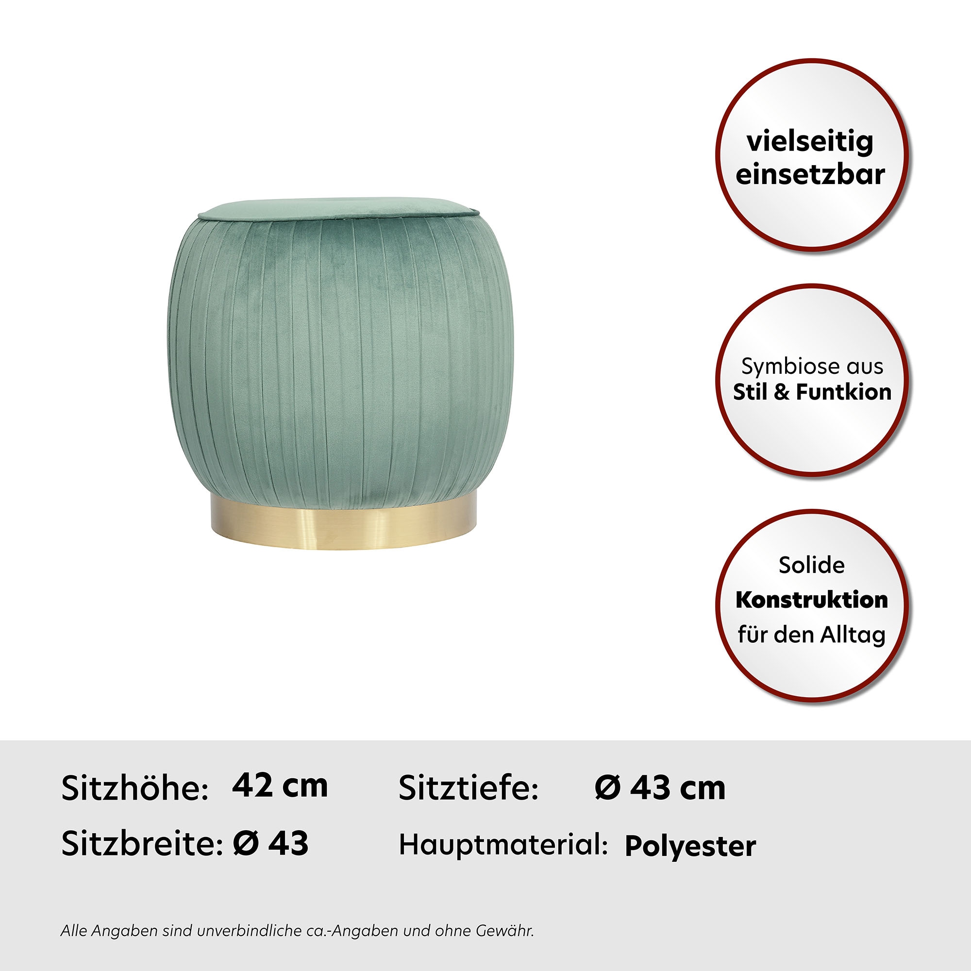 Kayoom Sitzhocker »Hocker Lilje, Edler Touch durch goldenen Sockel,Hochwertiger Samtbezug«, (1 St.), samtweich, gesteppte Ziernaht, Edelstahlsockel, Hochwertiger Samtbezug