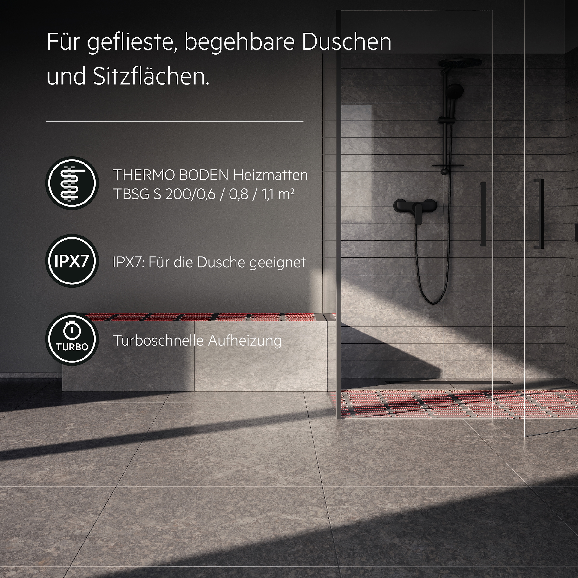 AEG Haustechnik Fußbodenheizung »Wellness Thermo Boden »TBSG 200/0.6««, Heizmatte 0,6 m², 80 x 80 cm für geflieste Duschen mit mittigem Ablauf