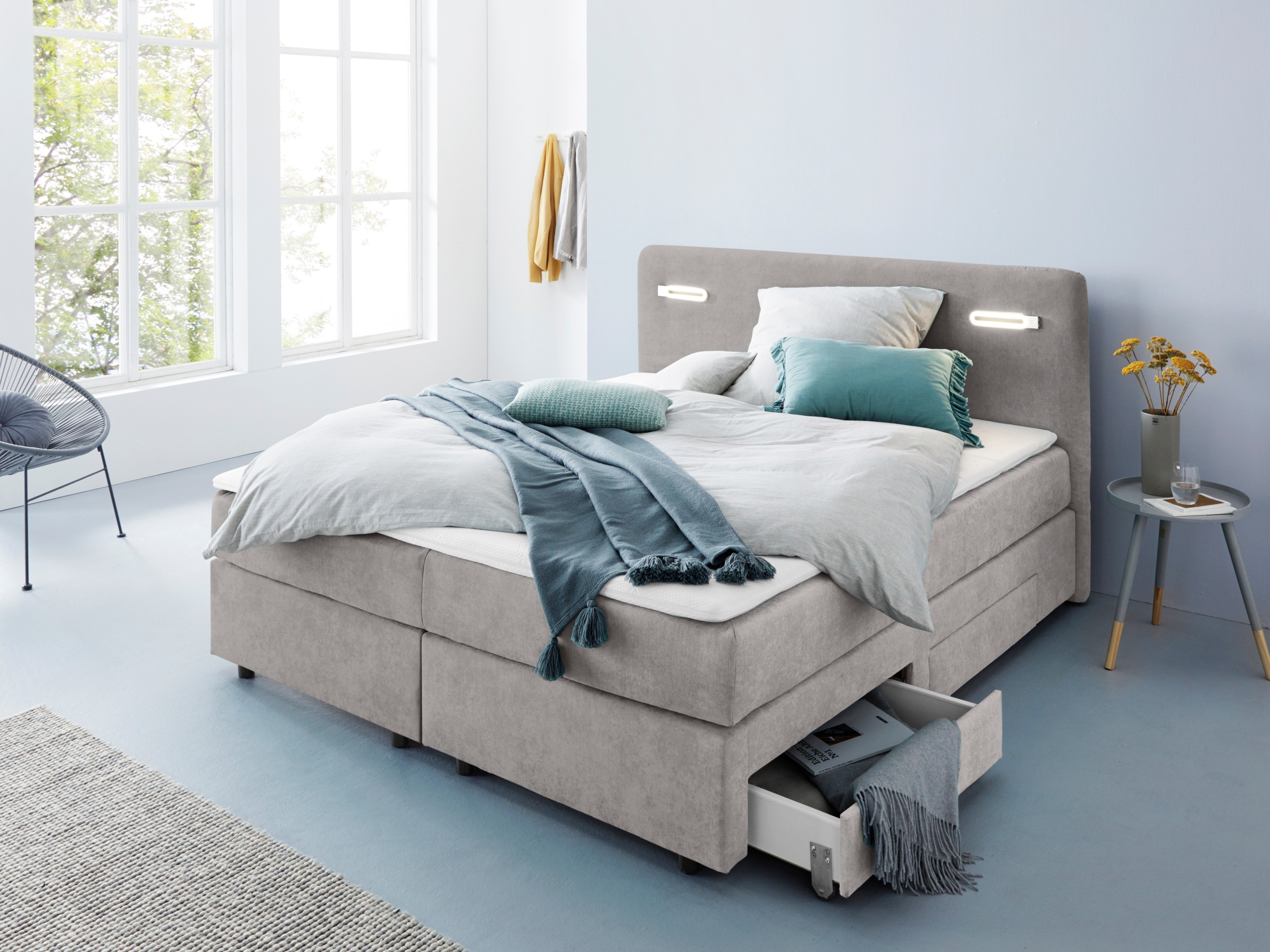INOSIGN Boxbett »Luan«, Schubkästen, LED-Beleuchtung und Topper, in Breite 120 cm und 180 cm
