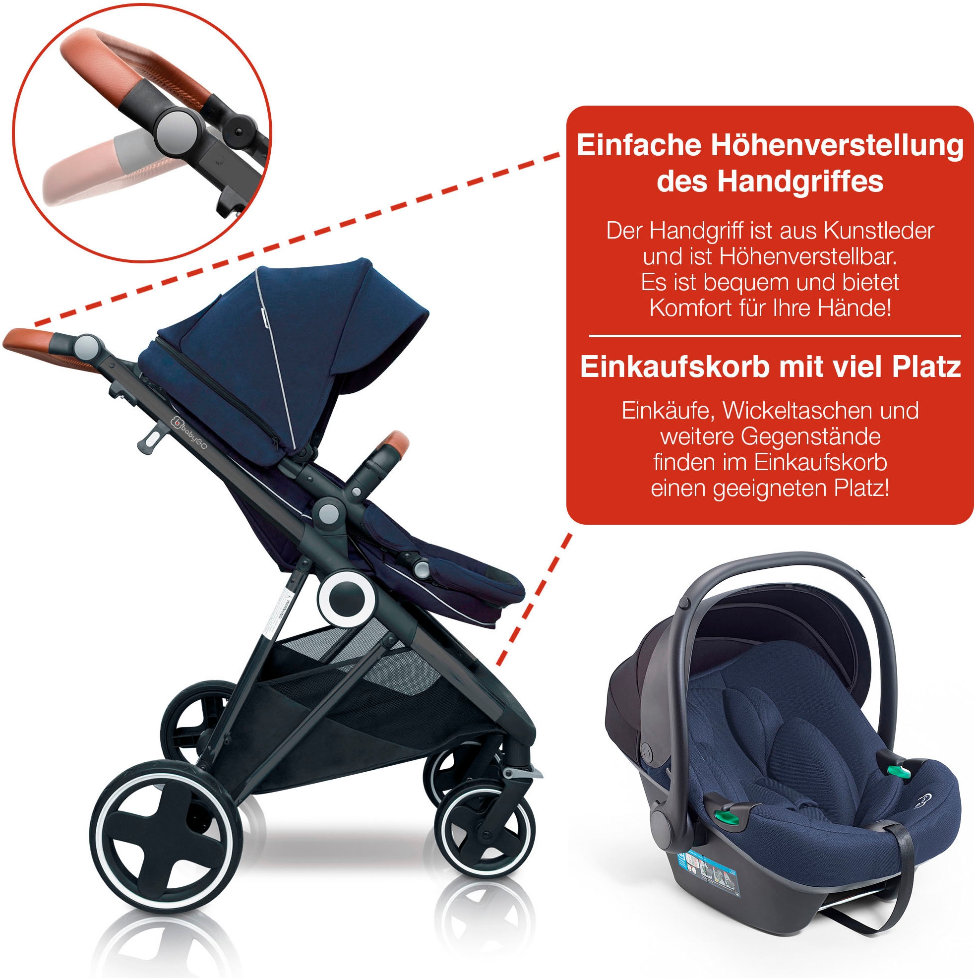 BabyGo Kombi-Kinderwagen »Halime 3in1«, inklusive Babywanne, Babyschale, Regenhaube & Wickeltasche