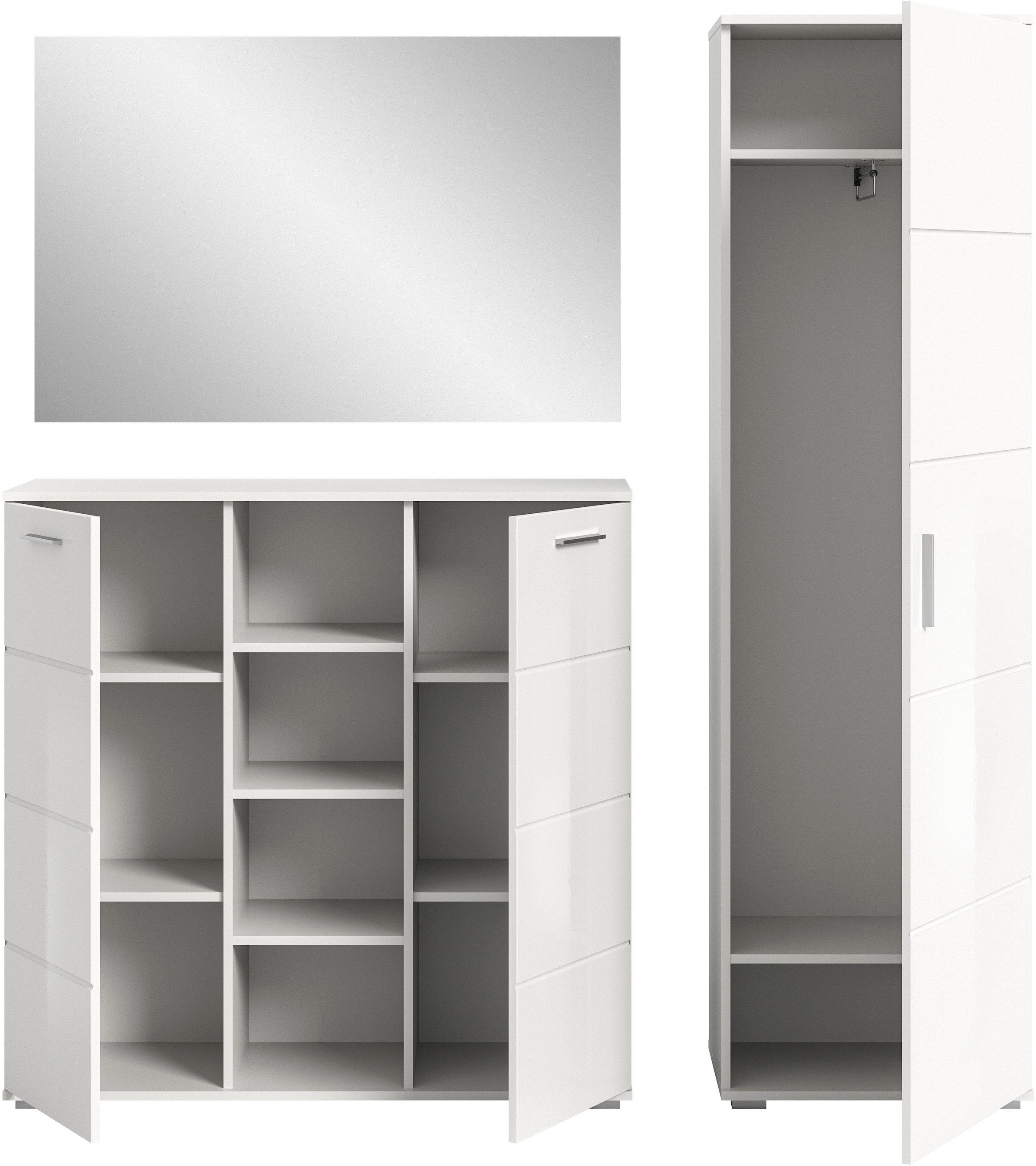 INOSIGN Garderoben-Set »Valge, Breite 180 cm inkl. 15cm Typenabstand, 3-tlg. Set, best. aus:«, (3 St.), Highboard, Garderobenspiegel und Garderobenschrank