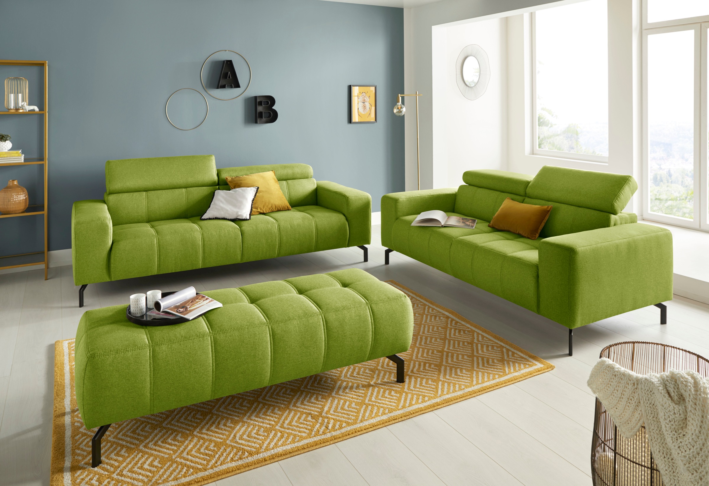 DOMO collection 2-Sitzer »Cunelli zeitlos und elegant, moderne Sitznähte als Designelement,«, wahlweise mit 6-fach verstellbaren Kopfteilen, fester Sitzkomfort