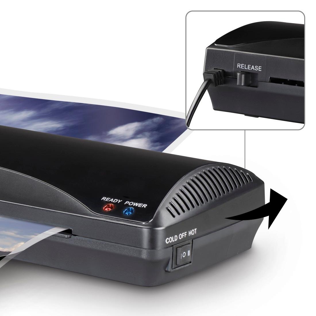 Hama Laminiergerät »Laminator für DIN A4, Heiß- und Kaltlaminierung, 2 Rollen, schwarz«, Mit Laminierfolien, Tischgerät, Verwendung im Office und Privat