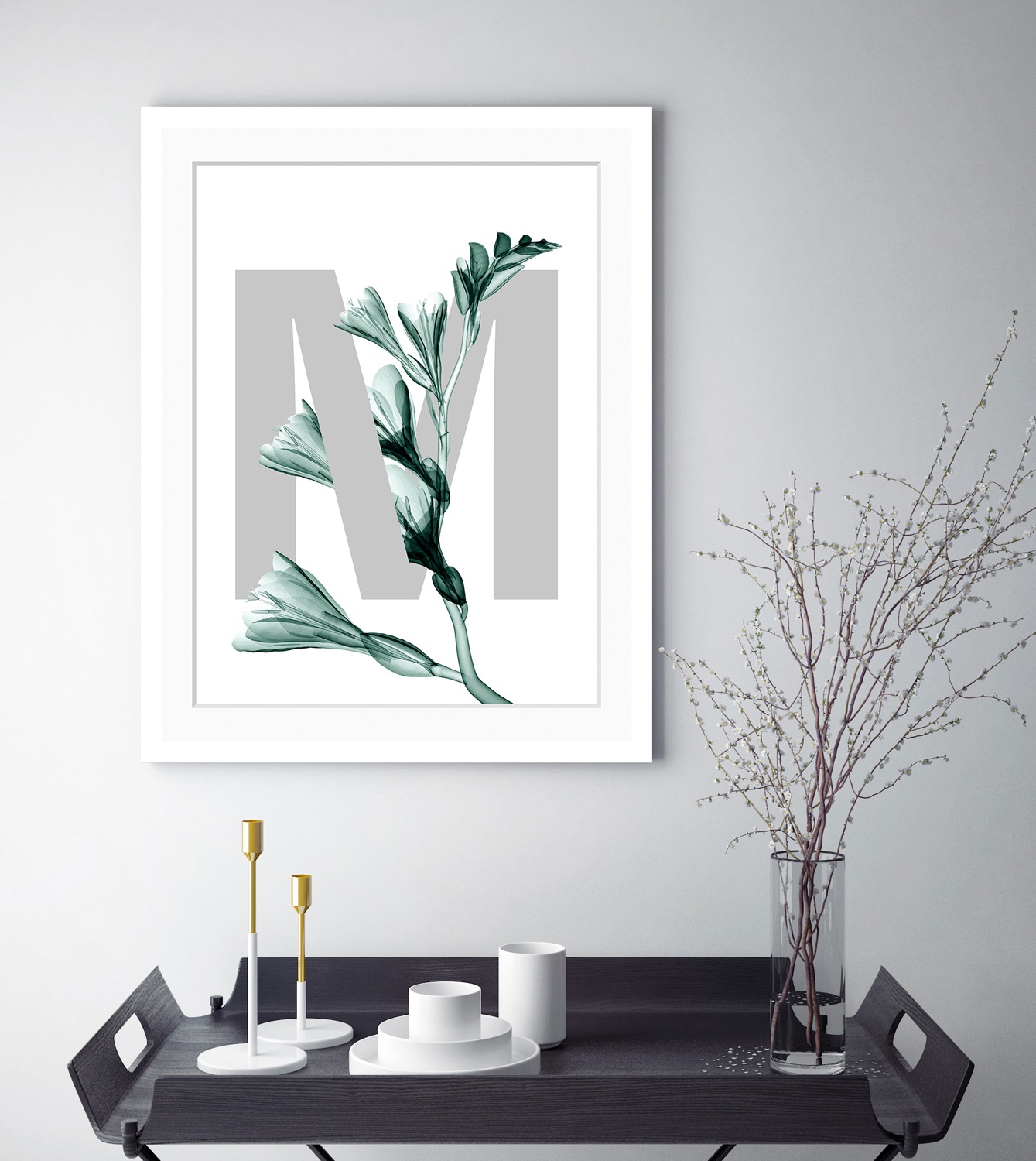 queence Bild »M-Flower«, Buchstaben, Blume, gerahmt, Blätter