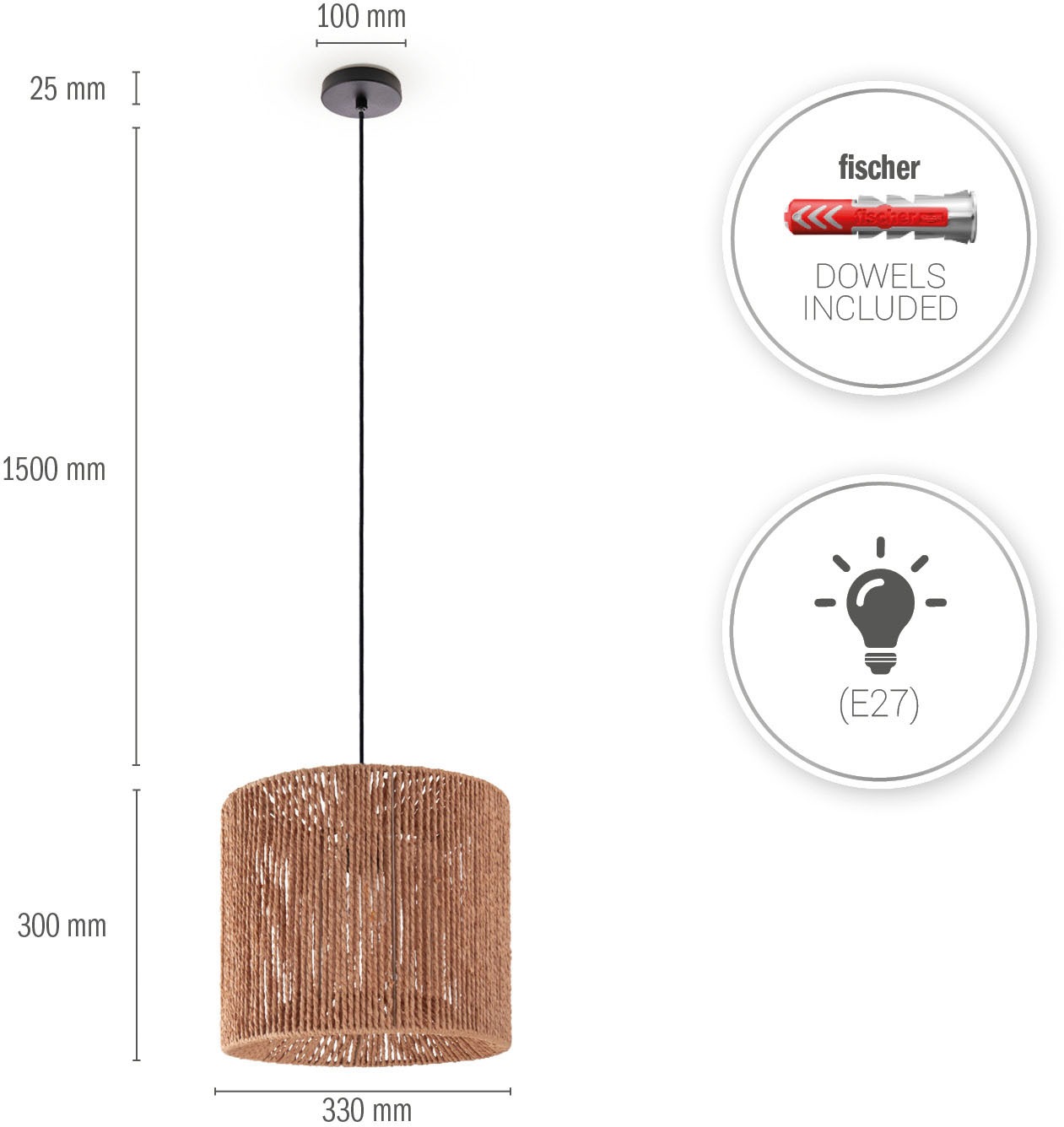 Paco Home Pendelleuchte »Hugo Ramira«, Leuchtmittel E27 | ohne Leuchtmittel, Wohnzimmer Esszimmer Rattan Optik Boho Schirm Papier E27 Modern